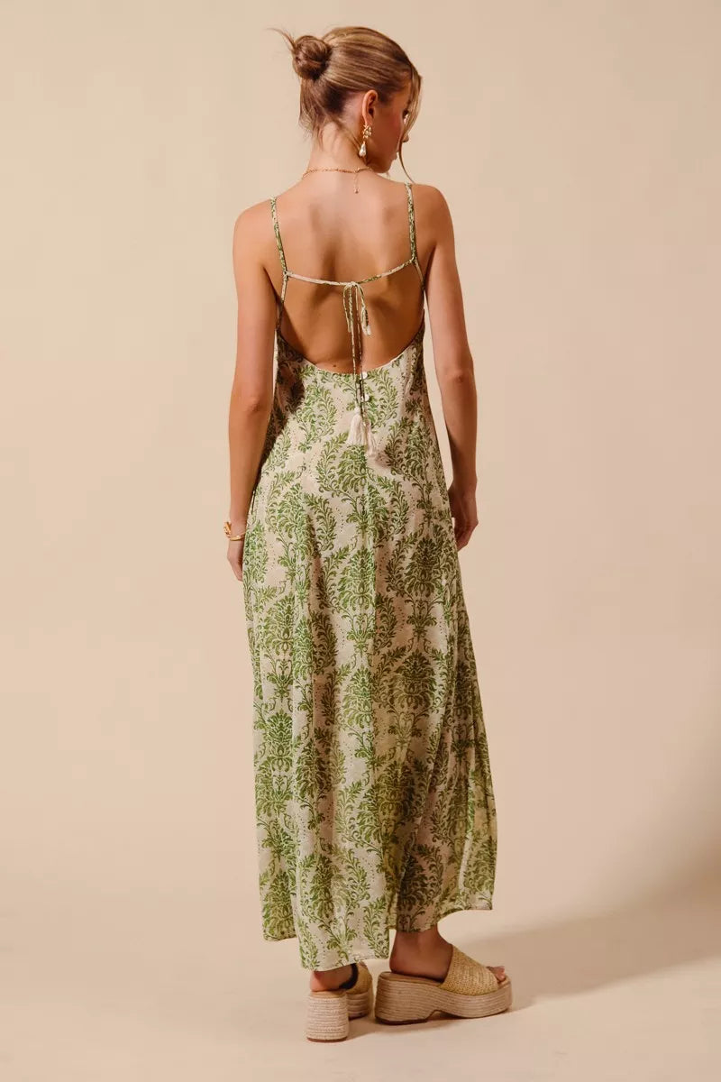 Damask Floral Summer Maxi Flowy Dress With Open Back
