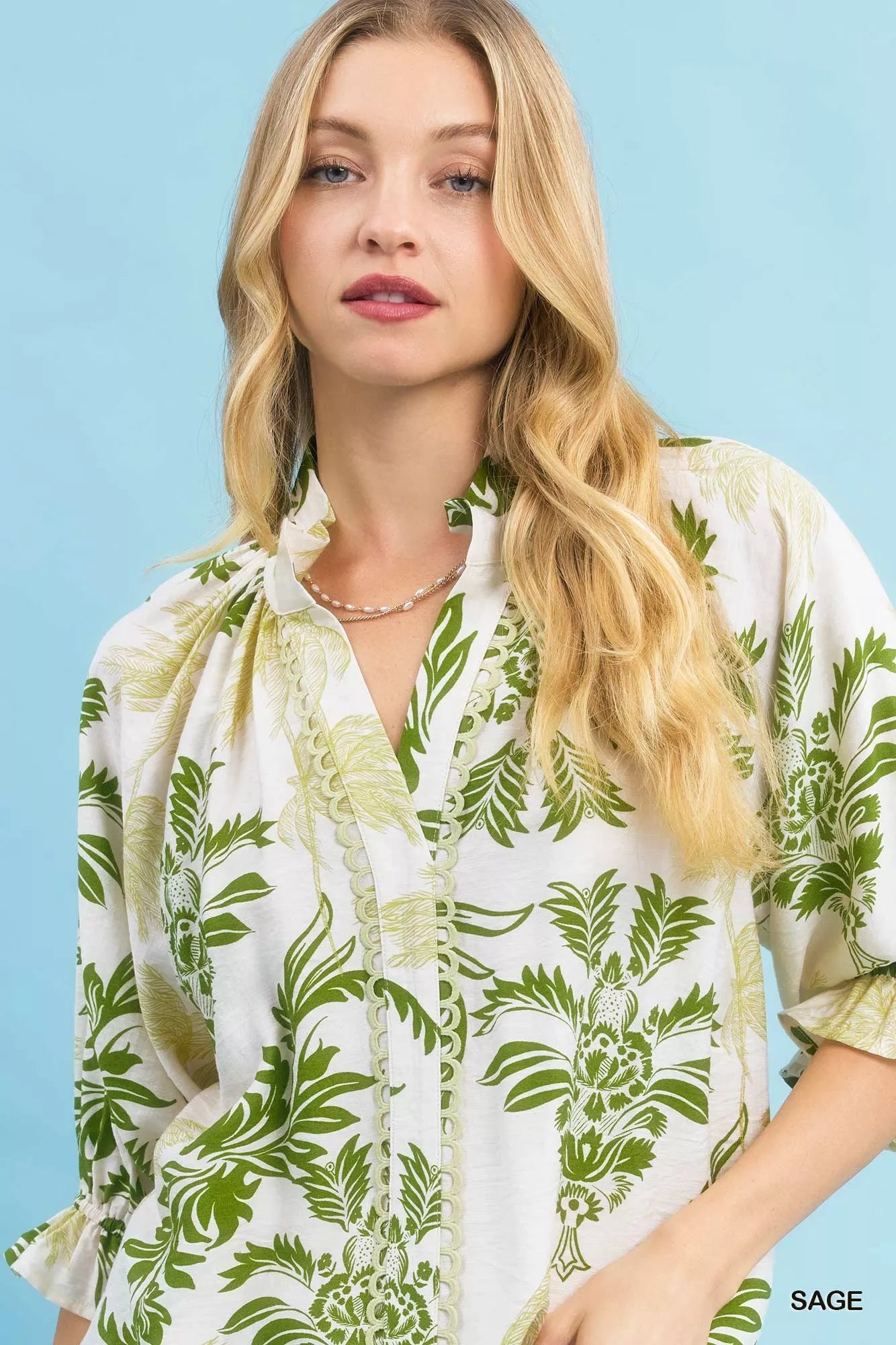 Leafy Damask Print Blouse with Contrast Scalloped Trim Detail