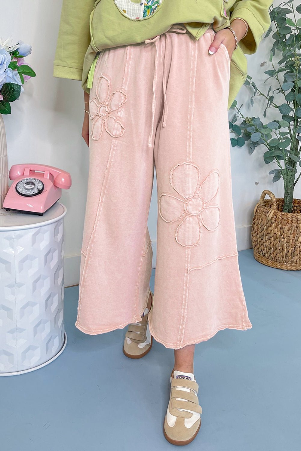 Pink Flower Patch Mineral Washed Terry Knit Cropped Wide Leg Pants - Loving It Shop