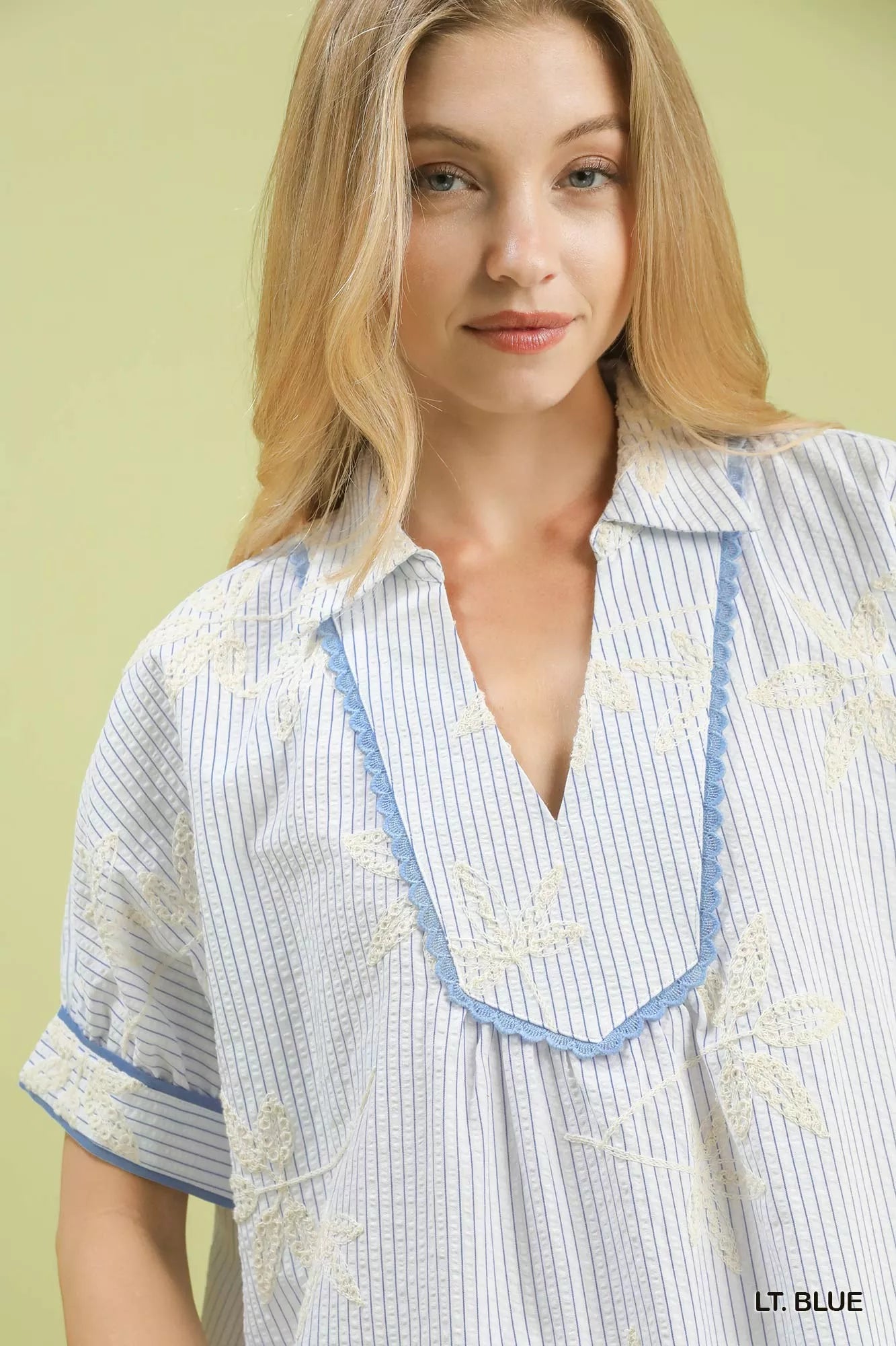 Striped Embroidered Blouse with Scallop Trim