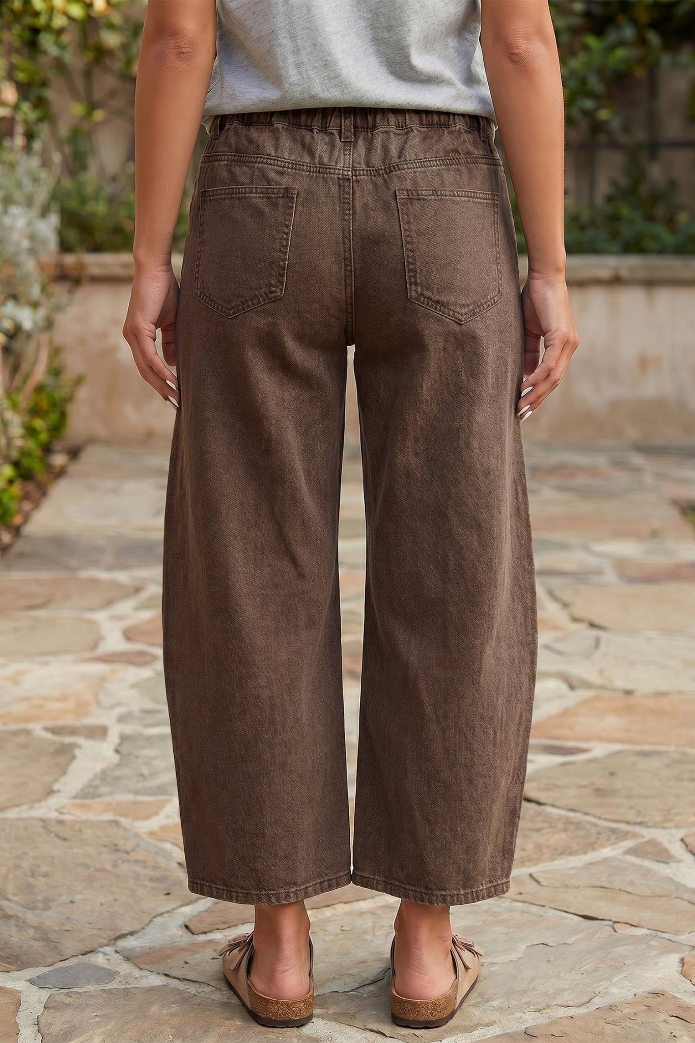 Coffee Solid Color Square Patch Pocket Ankle - length Barrel Jeans - Loving It Shop