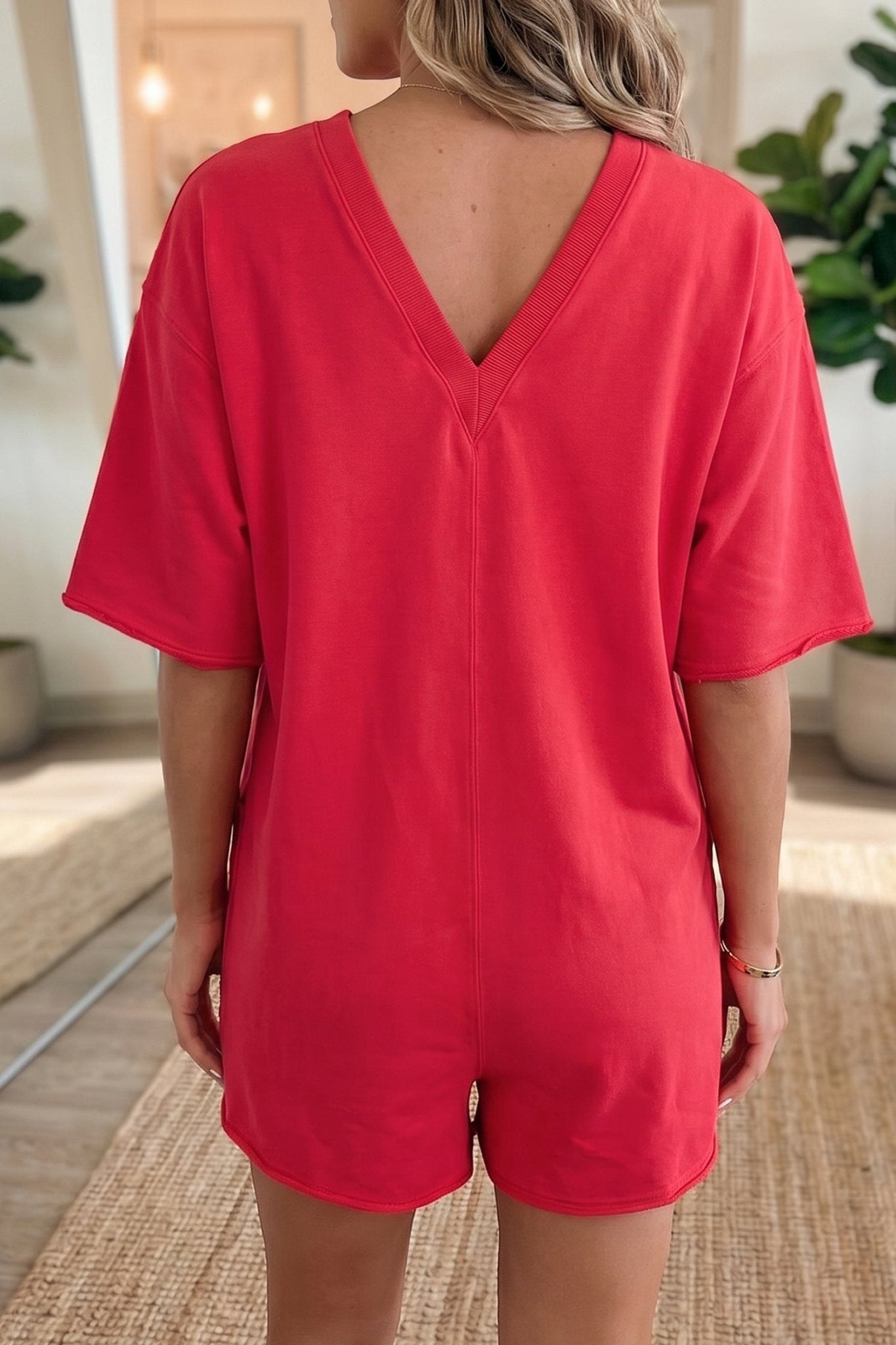 Fiery Red Solid Color Raw Edge Half Sleeve Pocketed Loose Romper - Loving It Shop