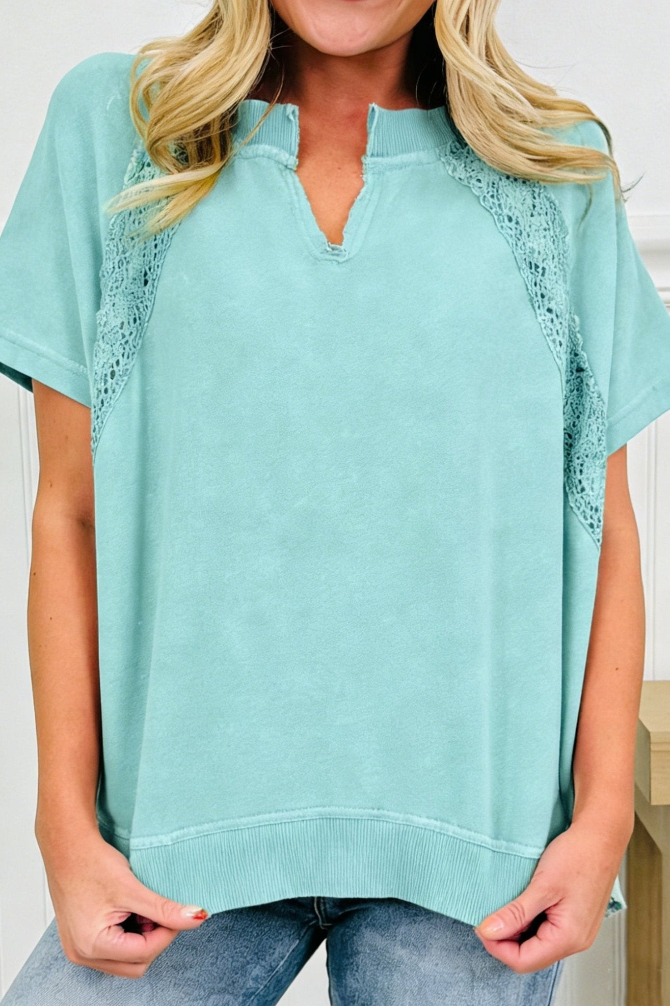 Mint Green Raw Cut Notched Neck Lace Patchwork Detail Mineral Wash Tee - Loving It Shop