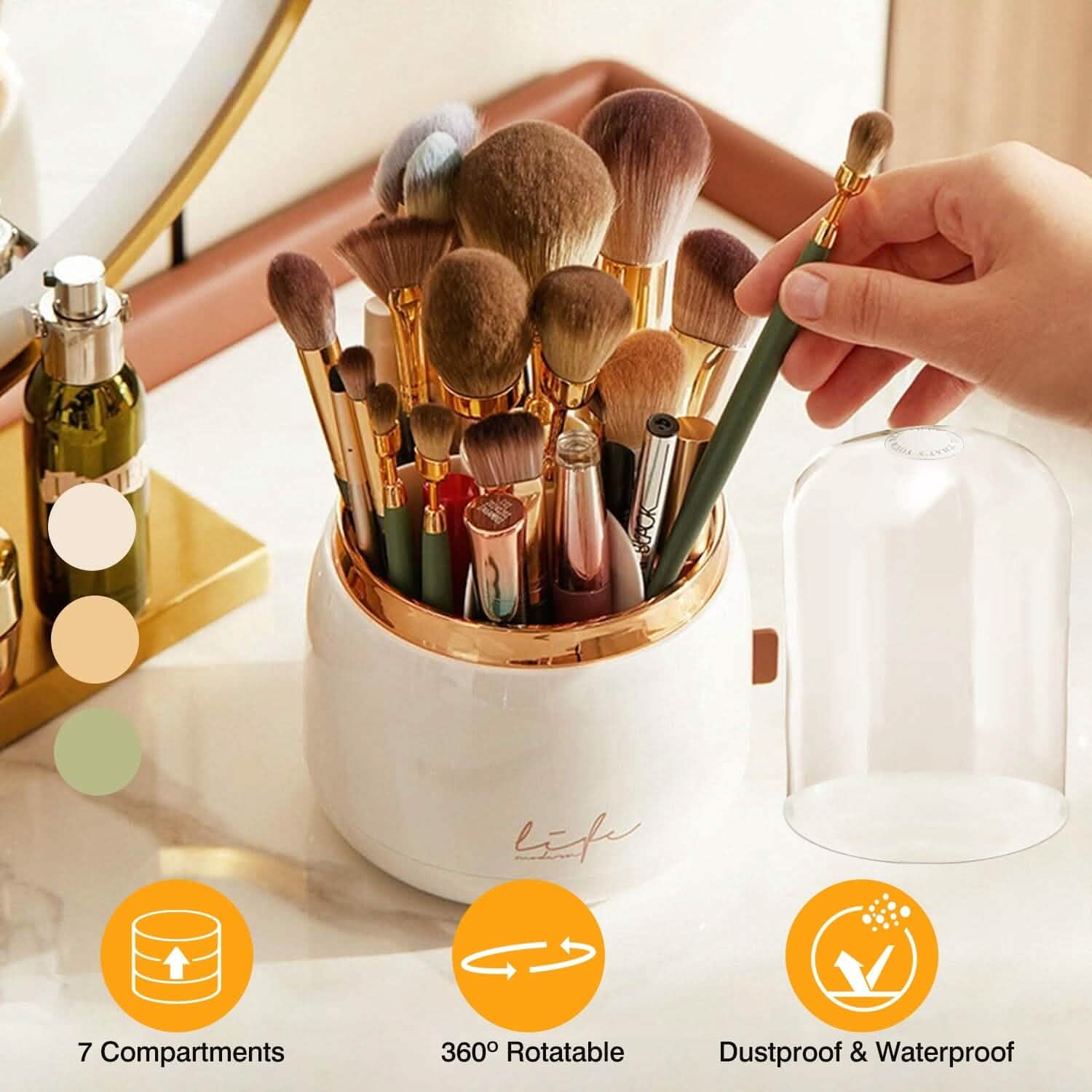 360° Rotating Makeup Brush Holder with Lid Makeup Organizer