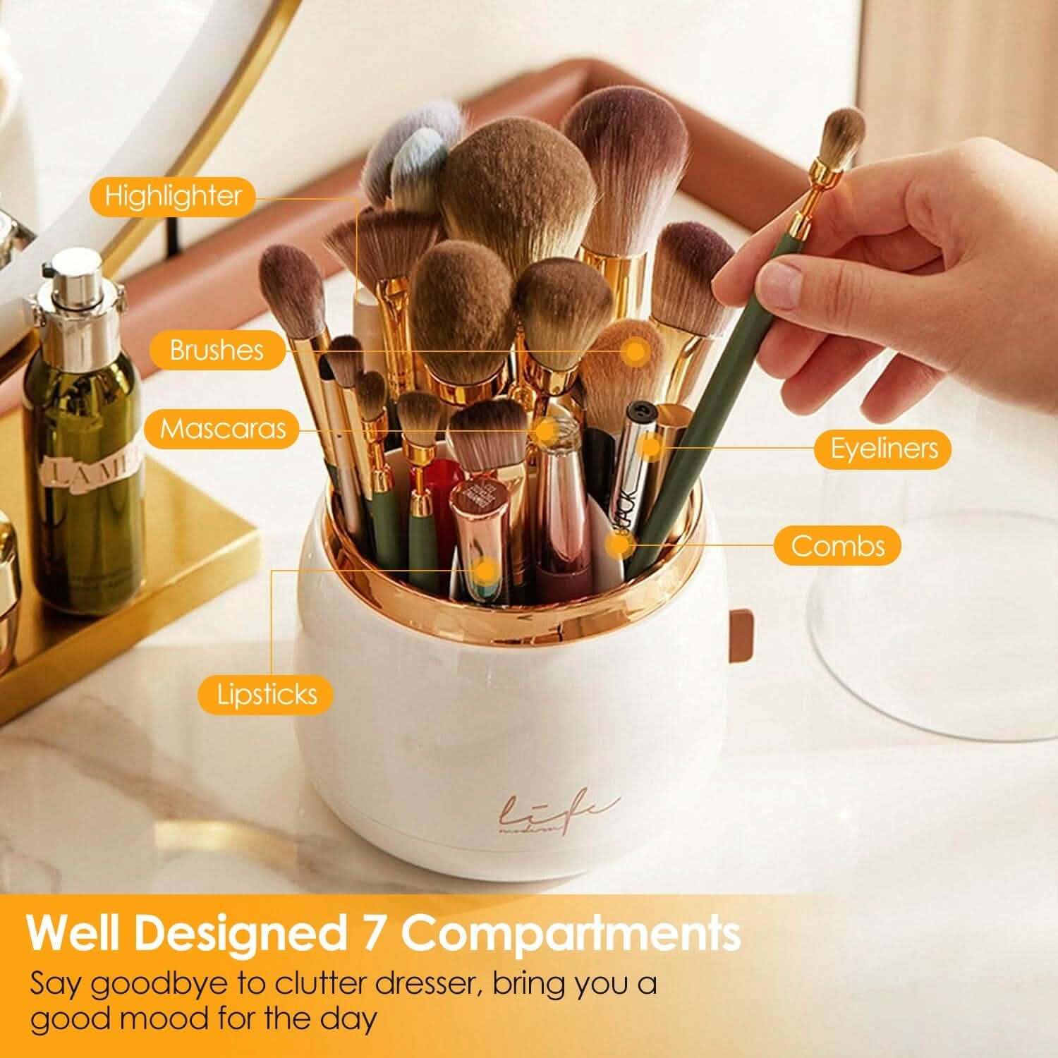 360° Rotating Makeup Brush Holder with Lid Makeup Organizer
