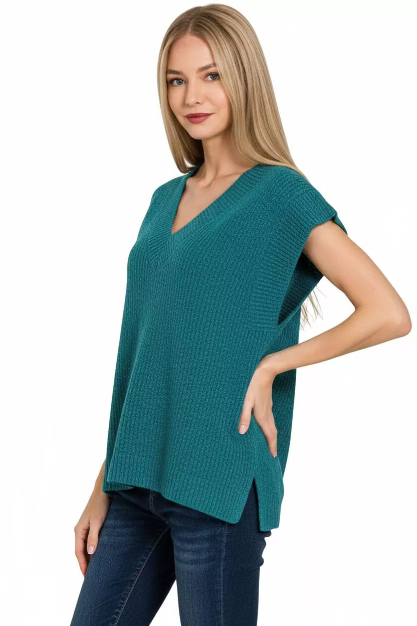Ribbed Slit V-Neck Sweater Vest