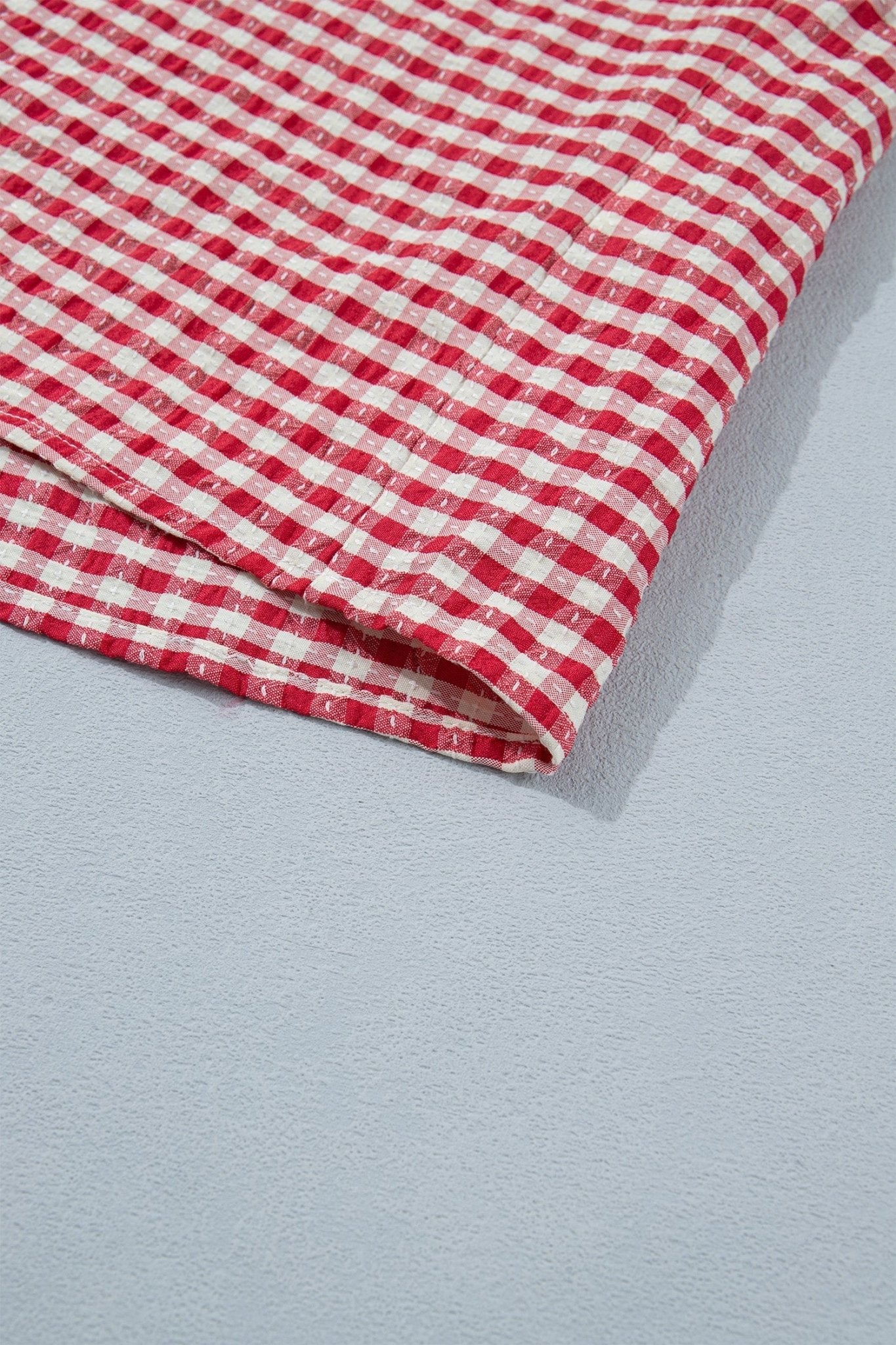 Red Plaid Short Sleeve Colorblock Trim Split Neck Blouse - Loving It Shop
