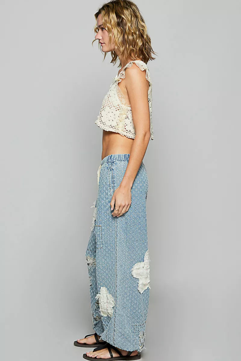 Floral Patch Washed Textured Twill Pants with Crochet See Thru Patch