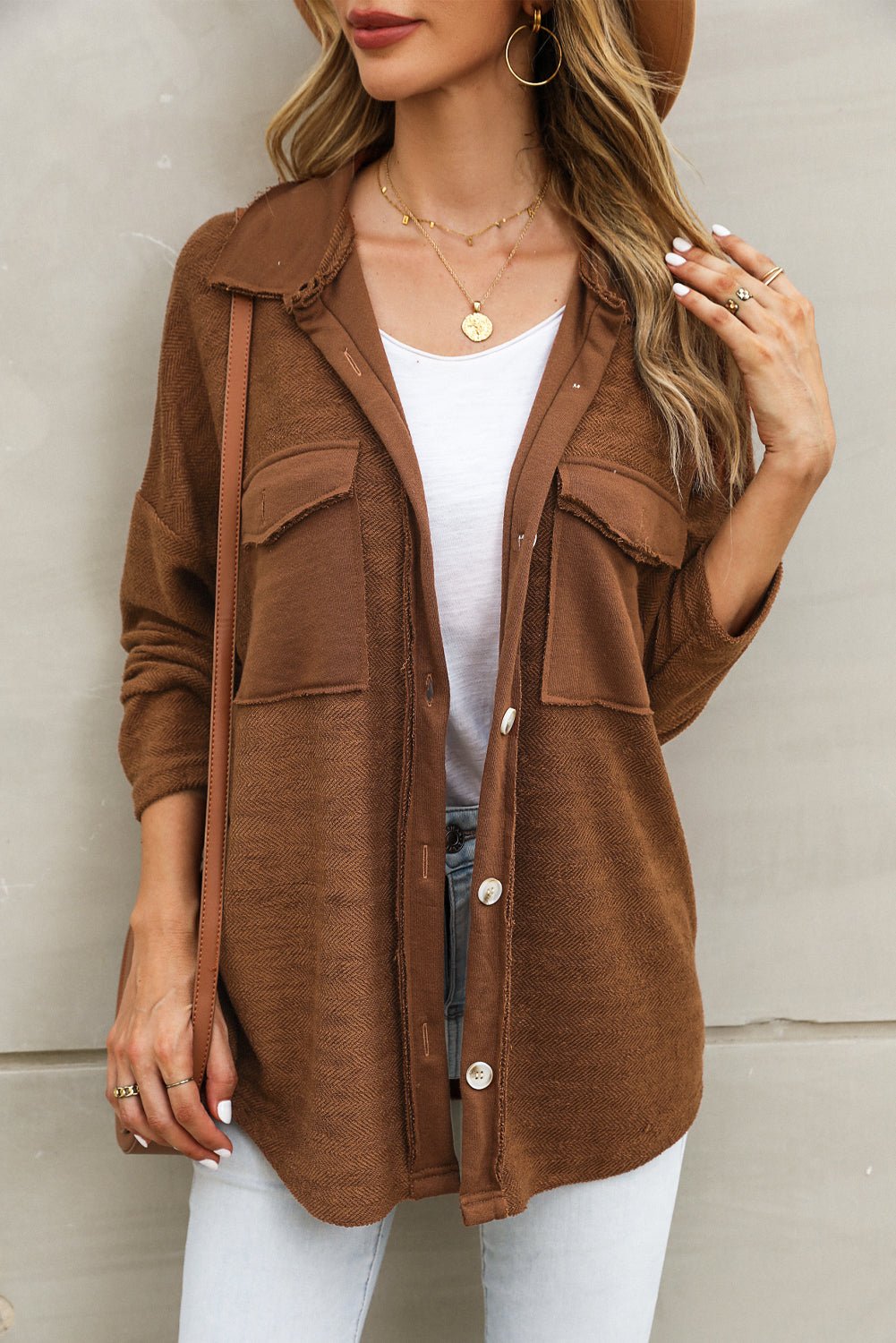 Brown Contrast Flap Pockets Relaxed Shacket - Loving It Shop