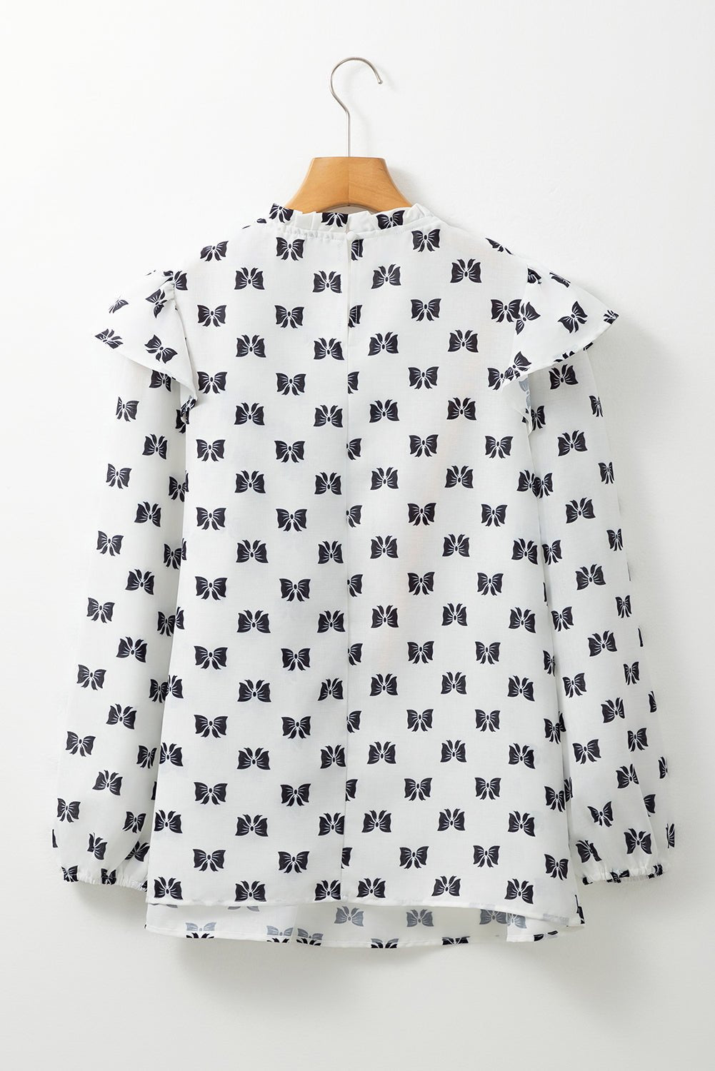 White Bow Knot Print Piping Trim Ruffled Crew Neck Blouse - Loving It Shop