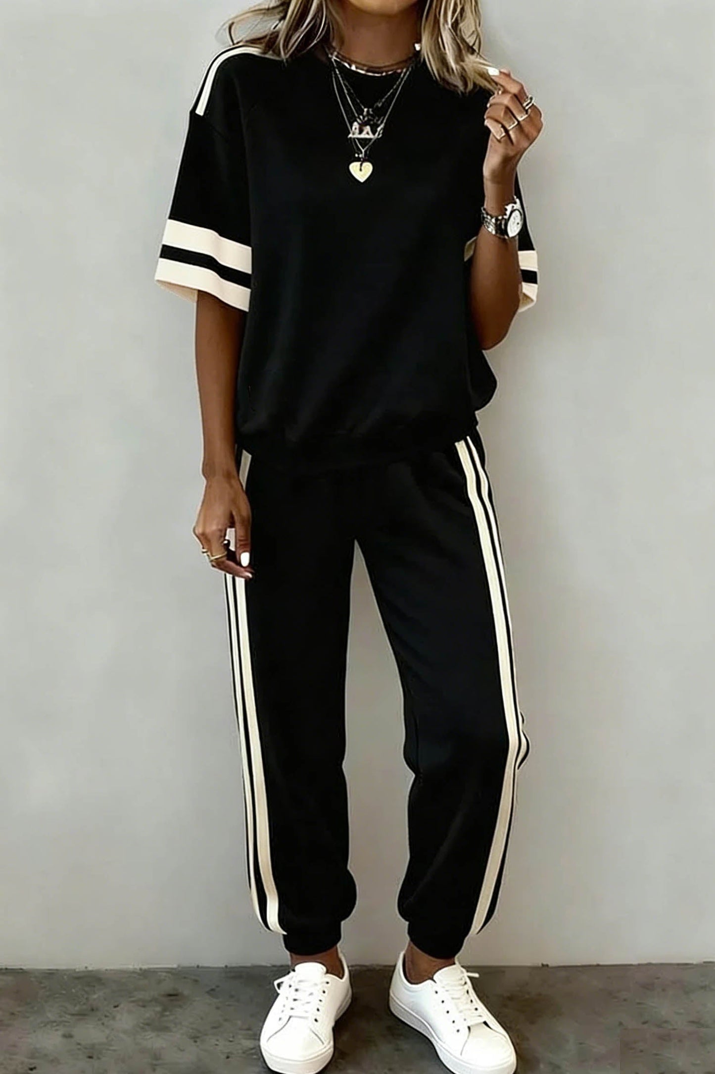 Black Varsity Striped Detail Loose Tee Jogger Pants 2pcs Outfit - Loving It Shop