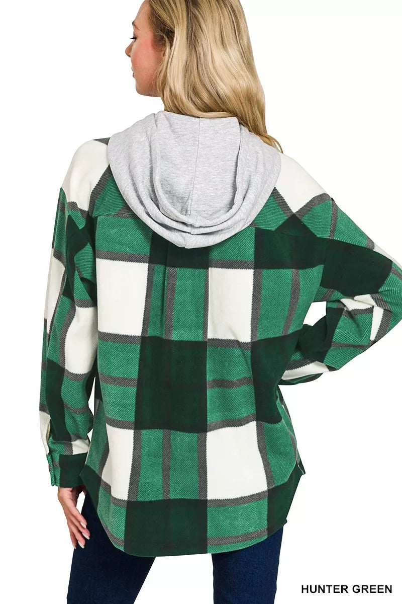 Plaid Drawstring Hooded Fleece Shacket