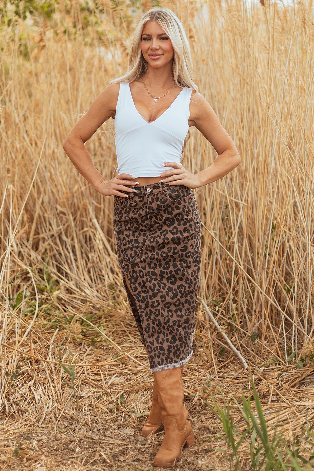 Brown Leopard Denim Frayed Split Denim Midi Skirt - Loving It Shop