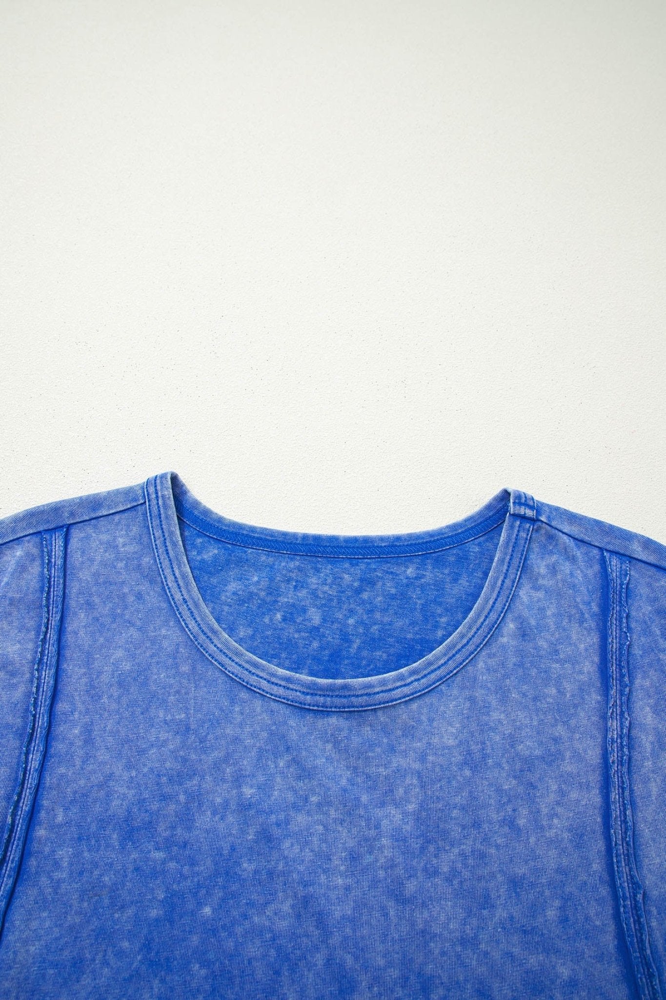 Sky Blue Mineral Wash Raw Seam Lace Sleeve Cotton Tee - Loving It Shop