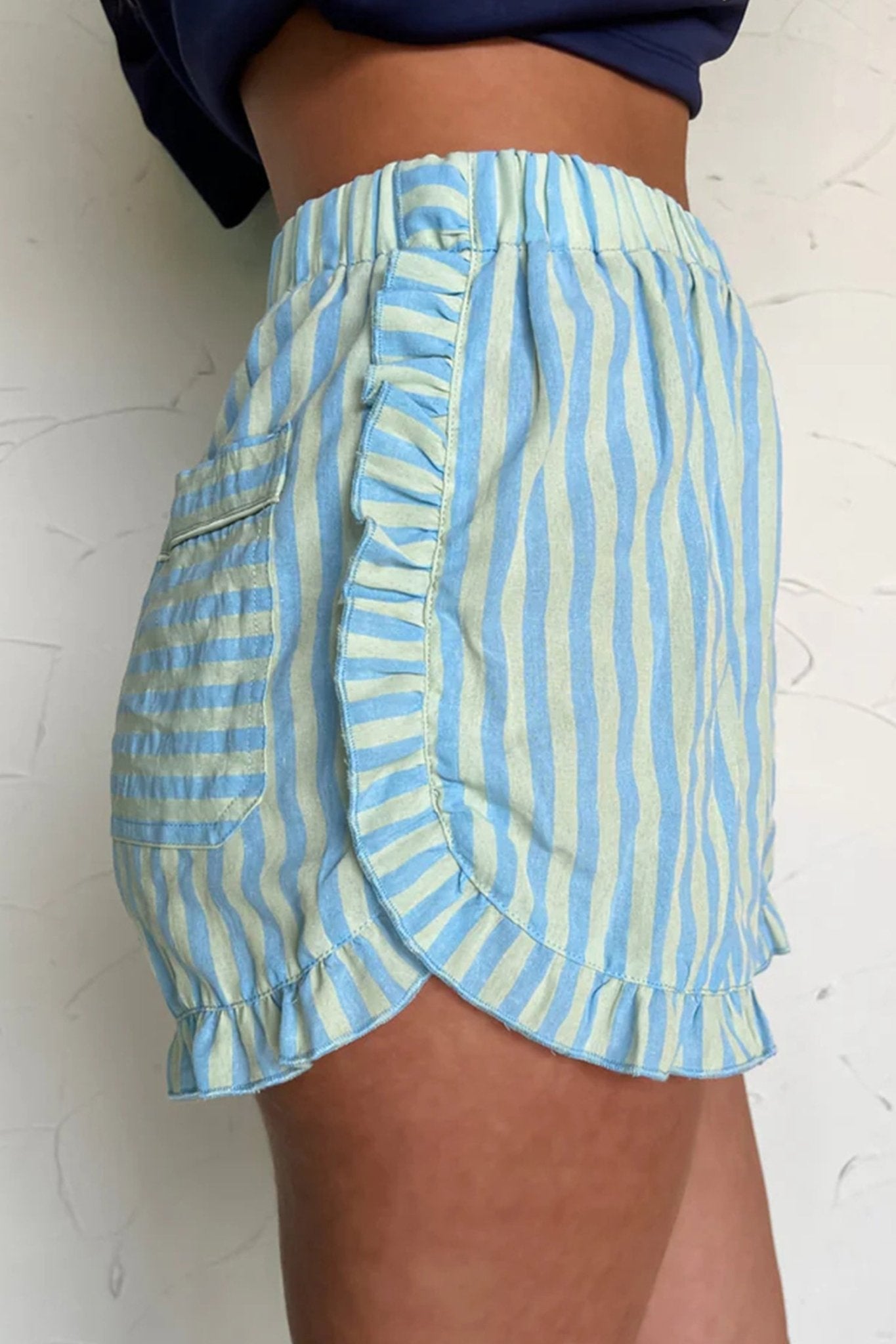 Sky Blue Stripe Elastic Waist Ruffle Trim Casual Shorts - Loving It Shop