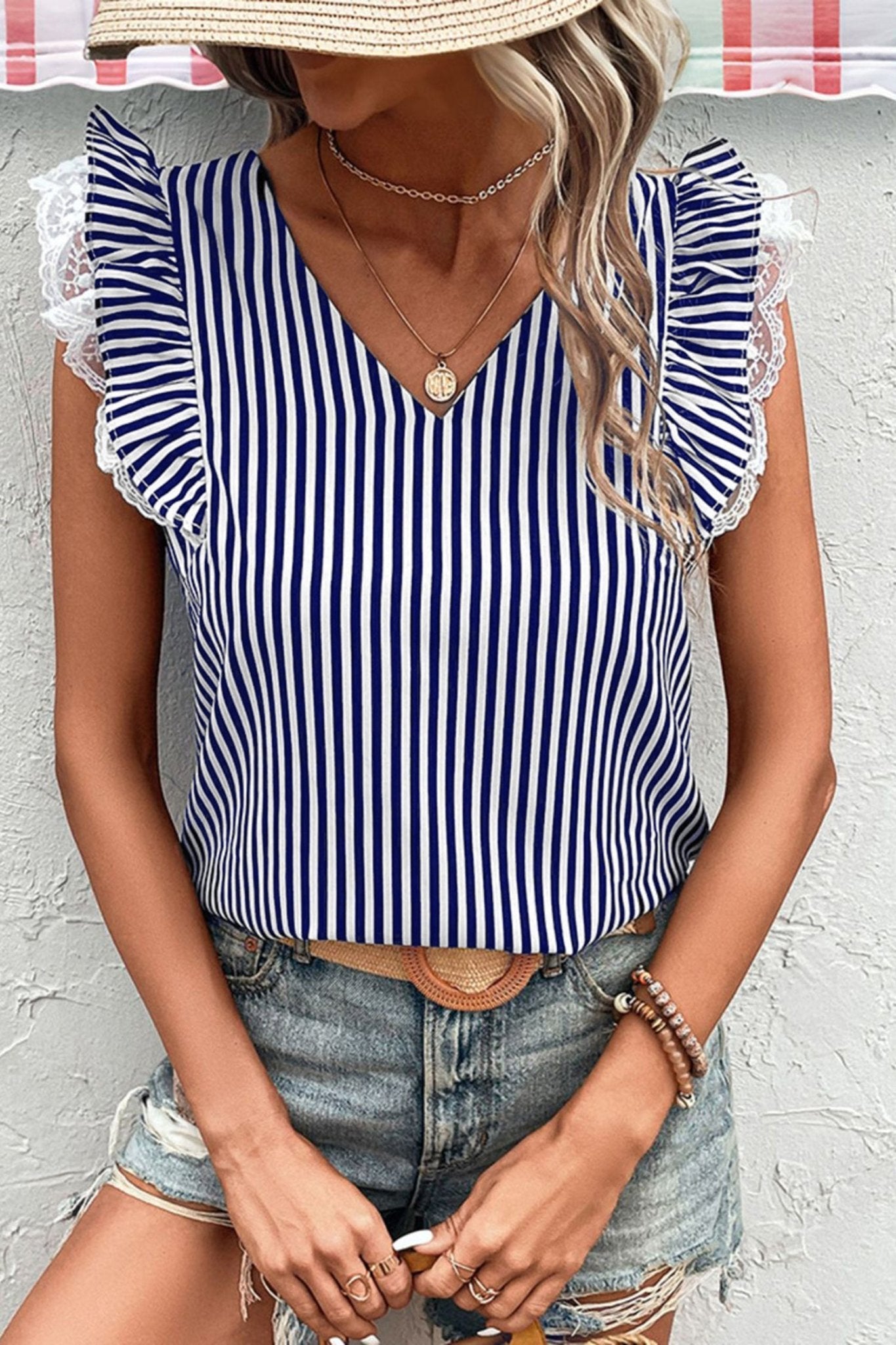 Blue Stripe V Neck Lace Contrast Ruffle Trim Tank Top - Loving It Shop