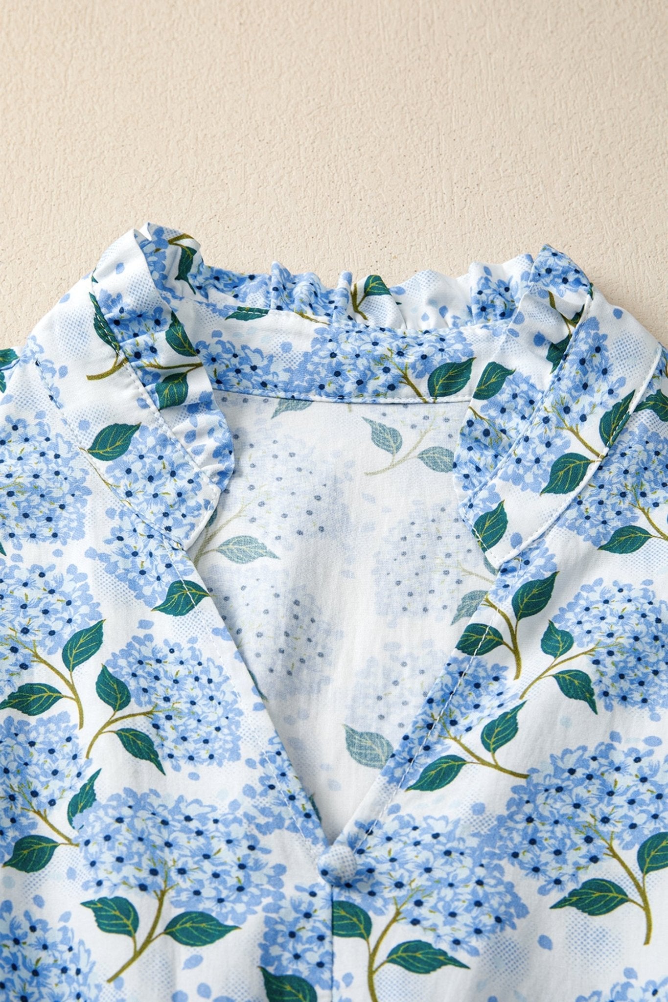 Sky Blue Hydrangea Floral Print Ruffle Trim Flutter Sleeve Long Dress - Loving It Shop