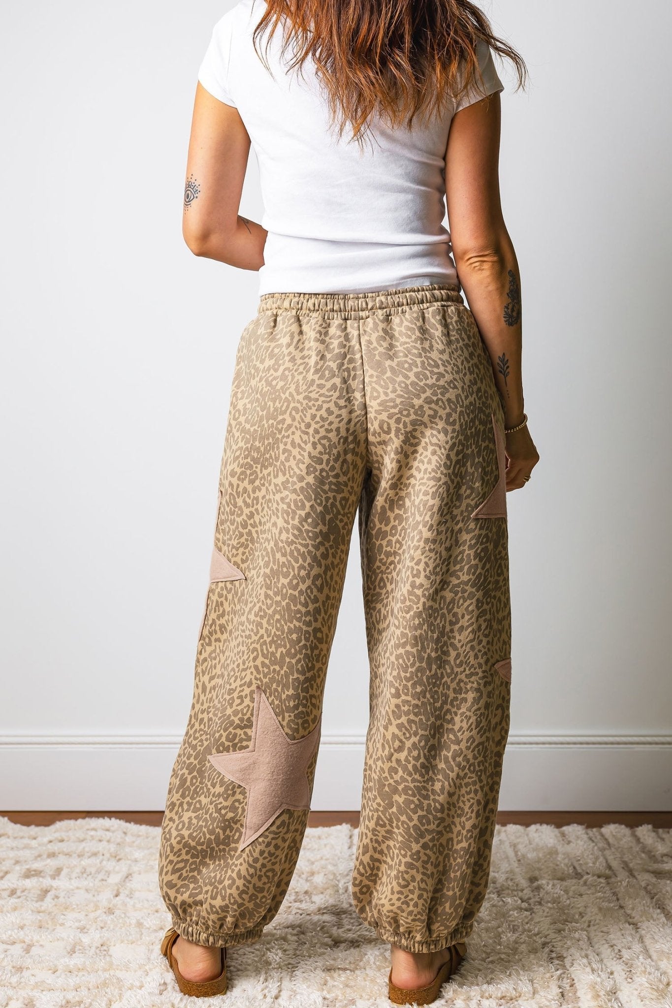 Khaki Leopard Print Star Patched Drawstring Elastic Waist Jogger Pants - Loving It Shop