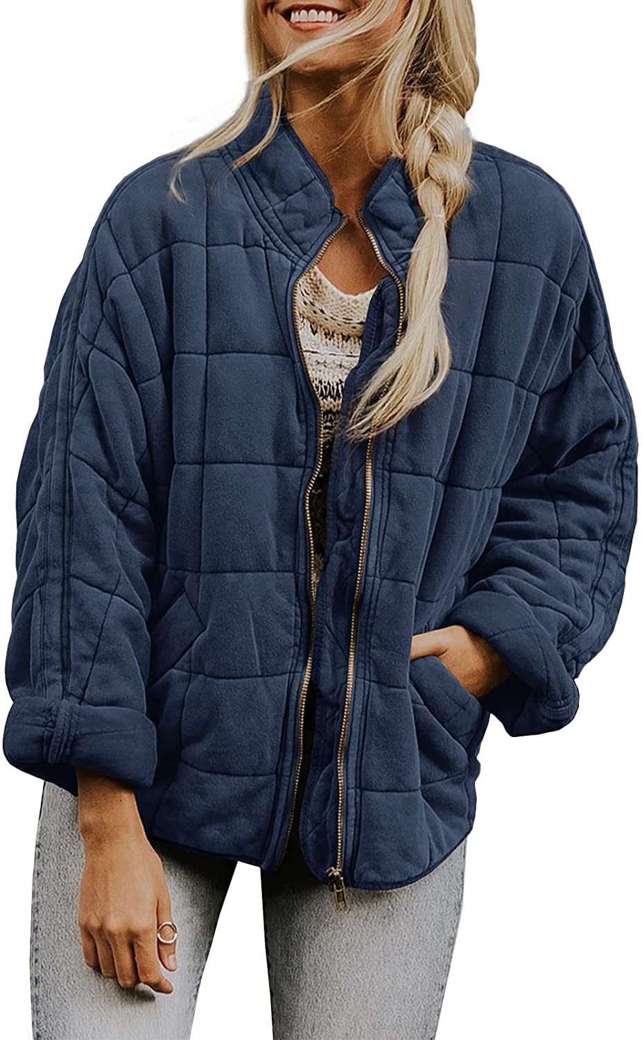 Winter Zip-up Stand Collar Coat With Pockets Fashion Solid Color Plaid Long Sleeved Jacket Women&