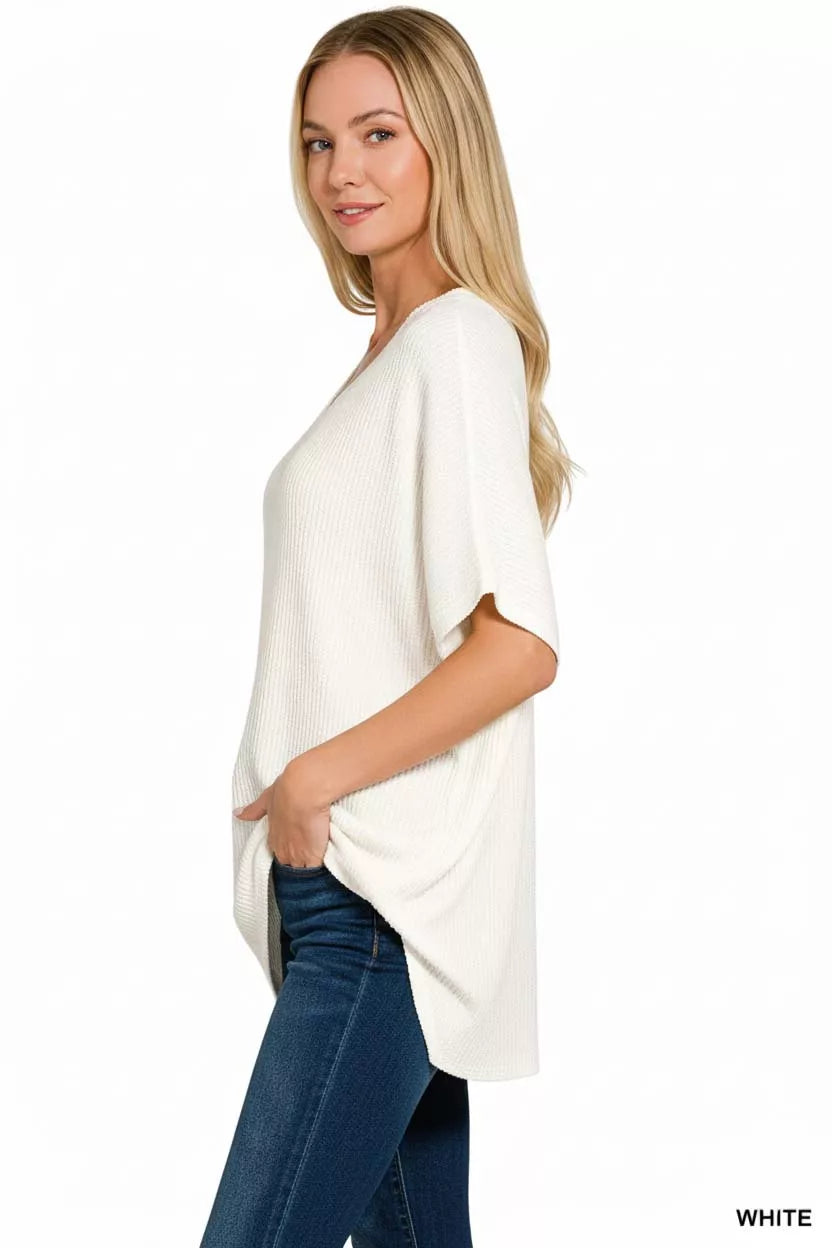 Raised Rib V-Neck Batwing Top