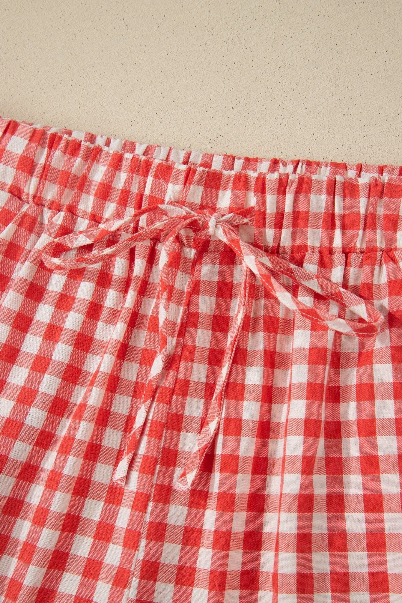 Red Gingham Plaid Tie Elastic Waist Lace Patchwork Hem Casual Shorts - Loving It Shop