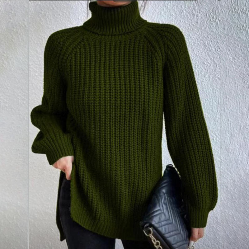 Turtleneck Pullover Sweater With Split Design Fashion Simple Solid Color Long Sleeve Tops Women&