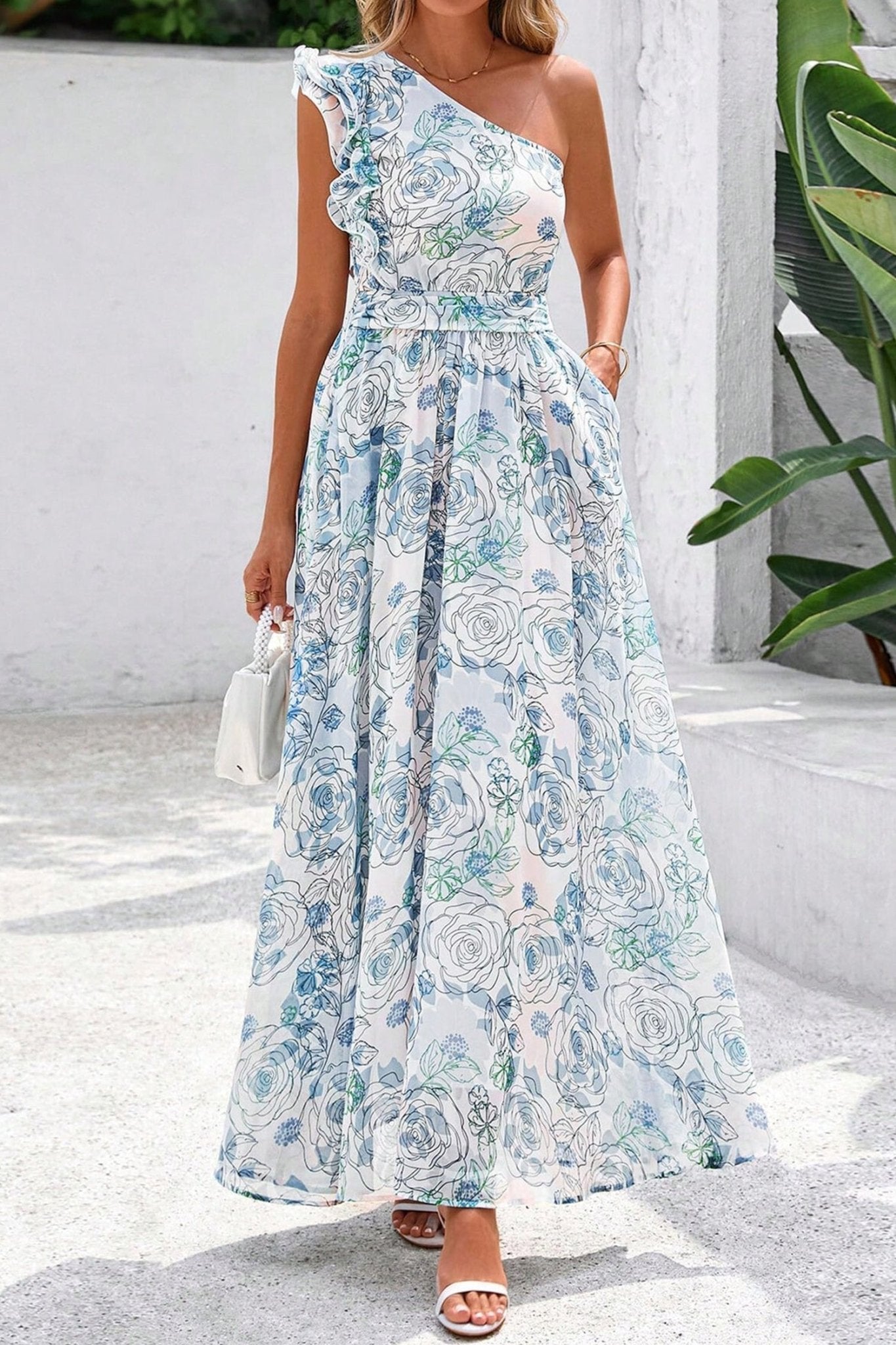 Sky Blue Floral Print Ruffled One Shoulder Vacation Maxi Dress - Loving It Shop