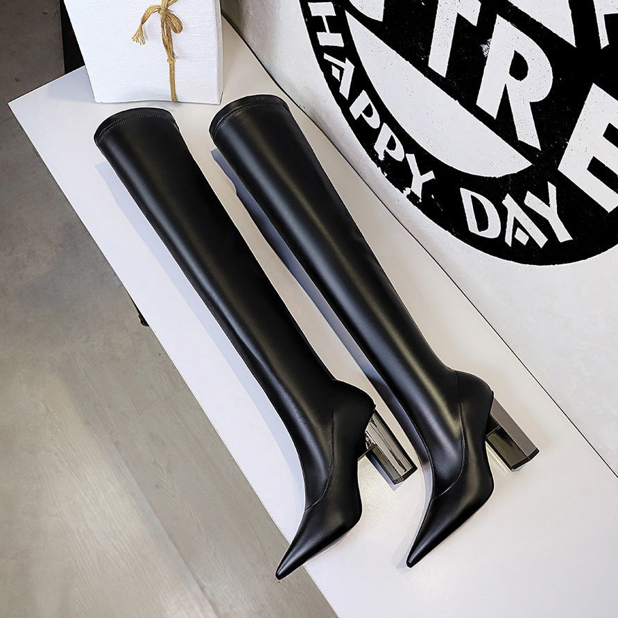 Women Thigh High Shoes Pointed Toe Over Knee Boots Square Heels
