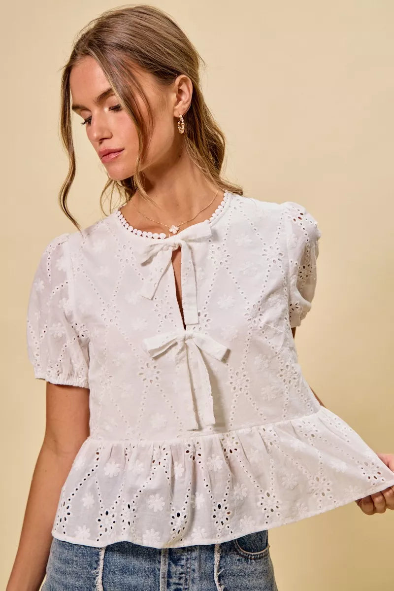 Cotton Eyelet Front Tie Short Sleeves Blouse
