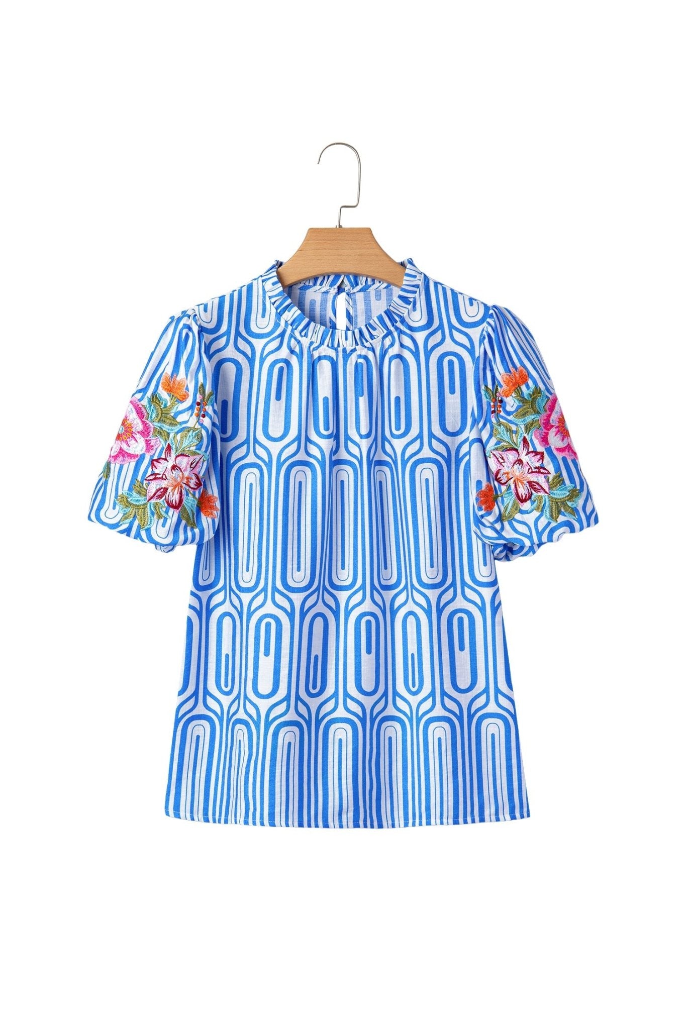 Sky Blue Unique Geometry Print Floral Embroidered Puff Sleeve Blouse - Loving It Shop