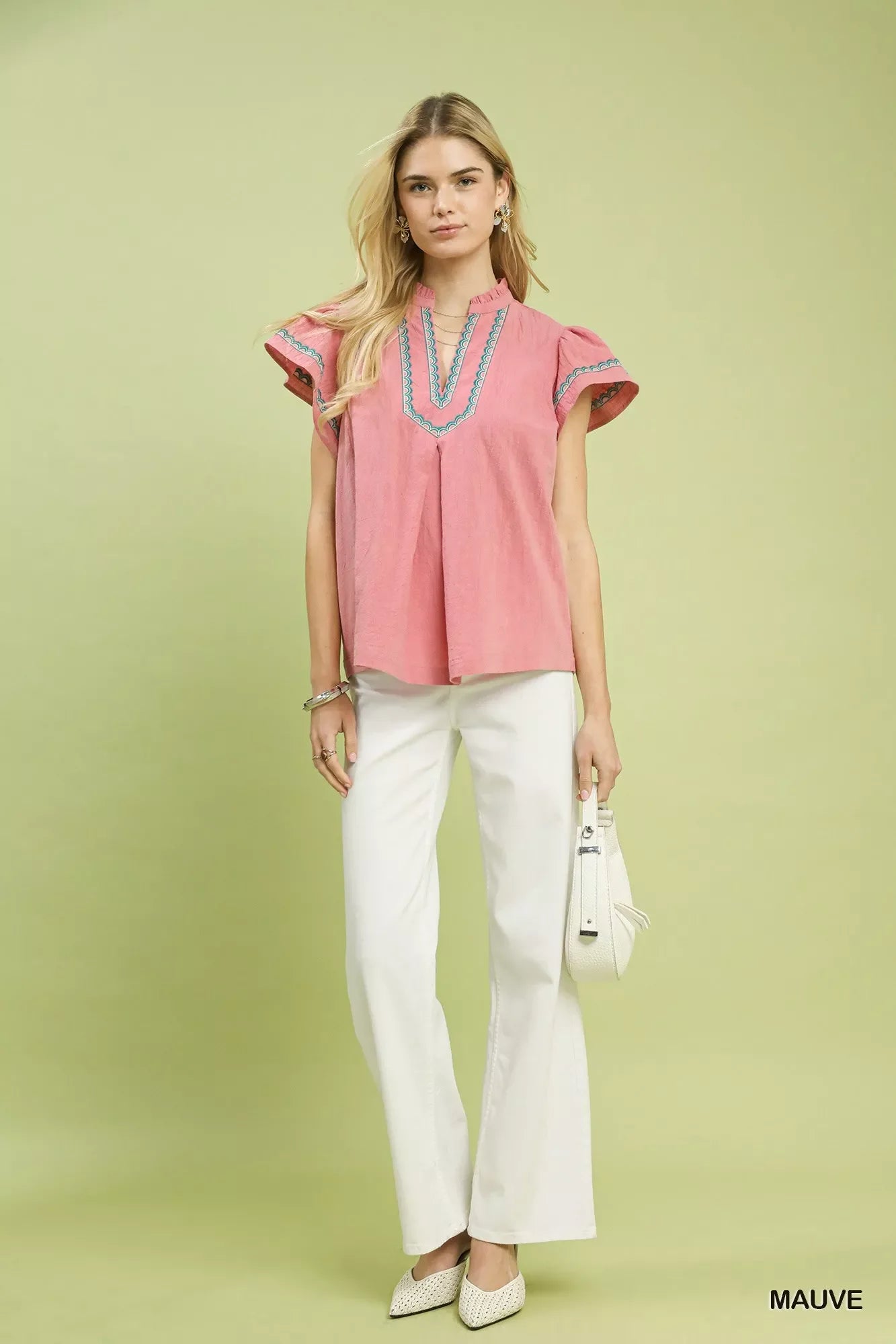 Embroidered Flutter Sleeve Blouse