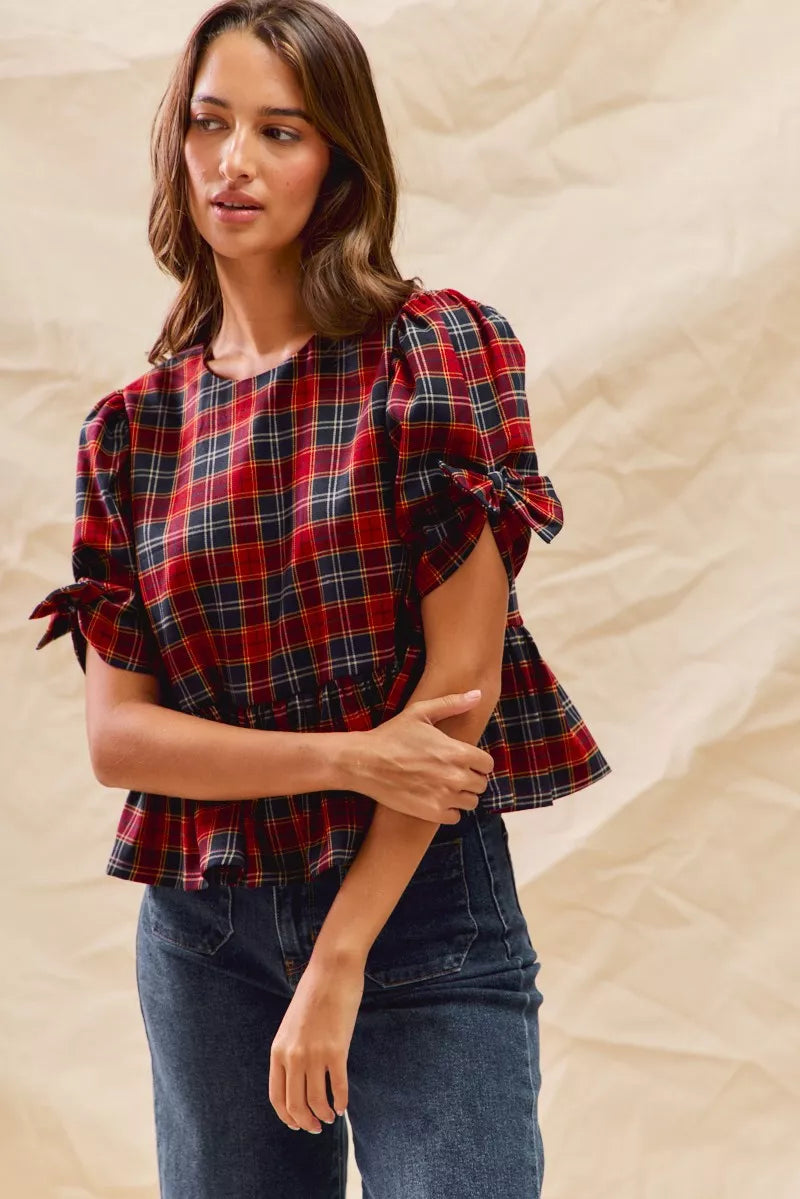 Christmas Holiday Plaid Ribbon Short Sleeves Top