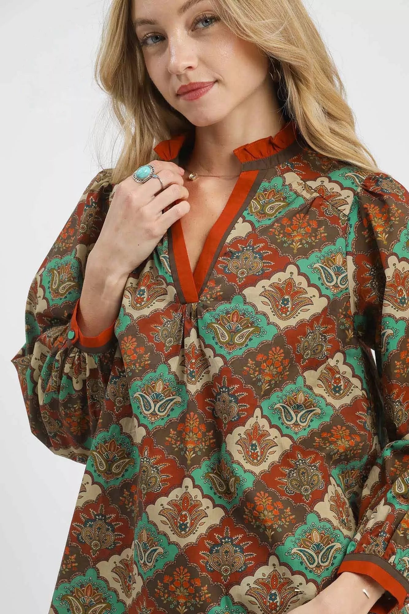 Abstract Print Ruffle Neck Top