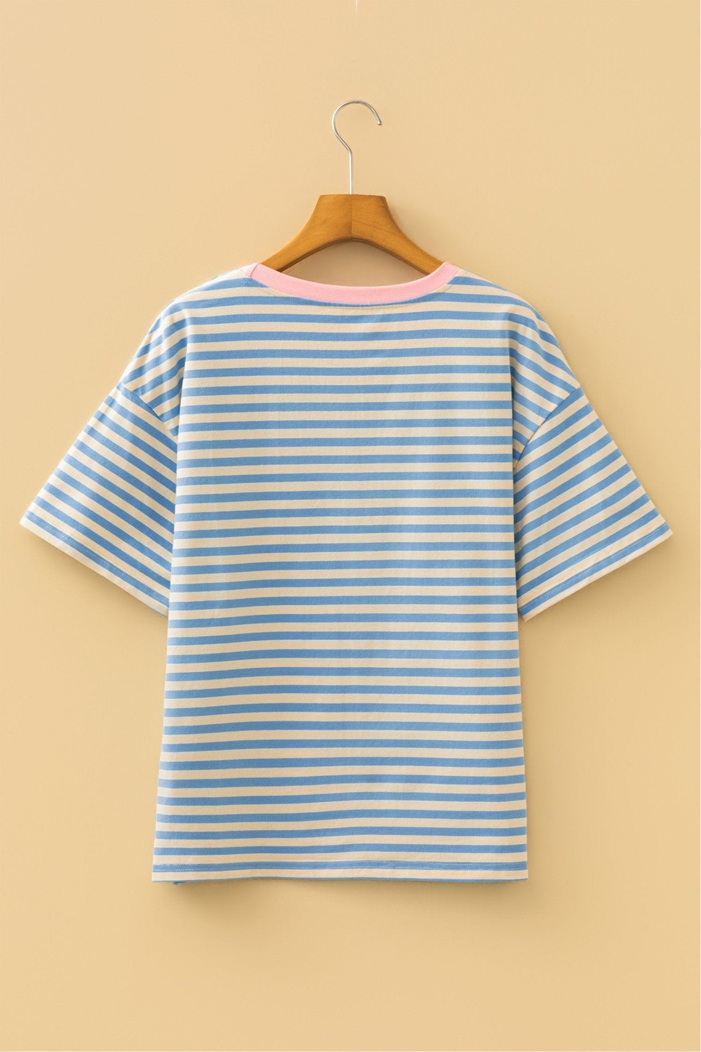 Sky Blue Stripe HOPPY Chenille Patched Graphic Crew Neck Tee - Loving It Shop