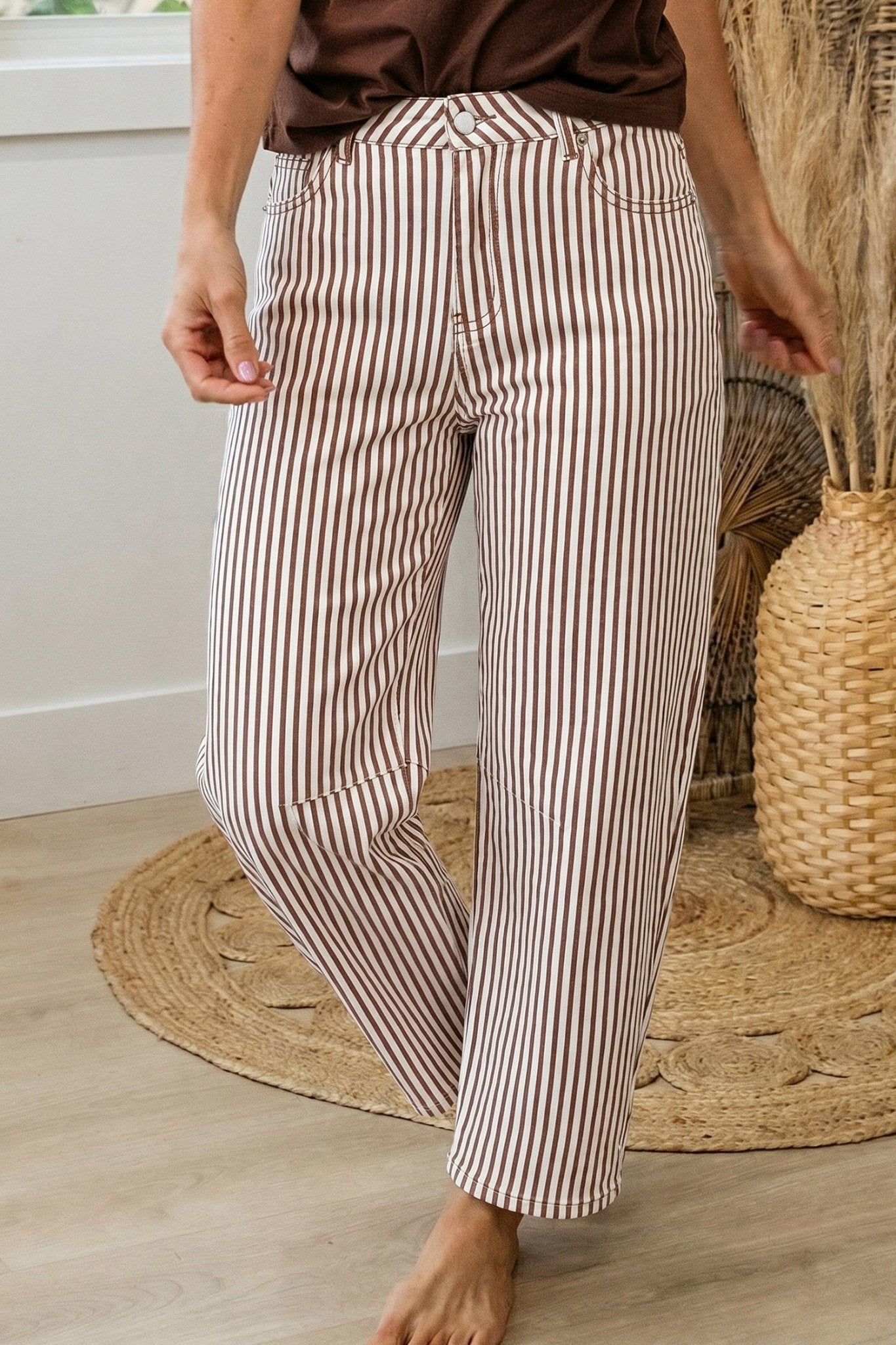 Brown Stripe Casual Barrel Jeans - Loving It Shop