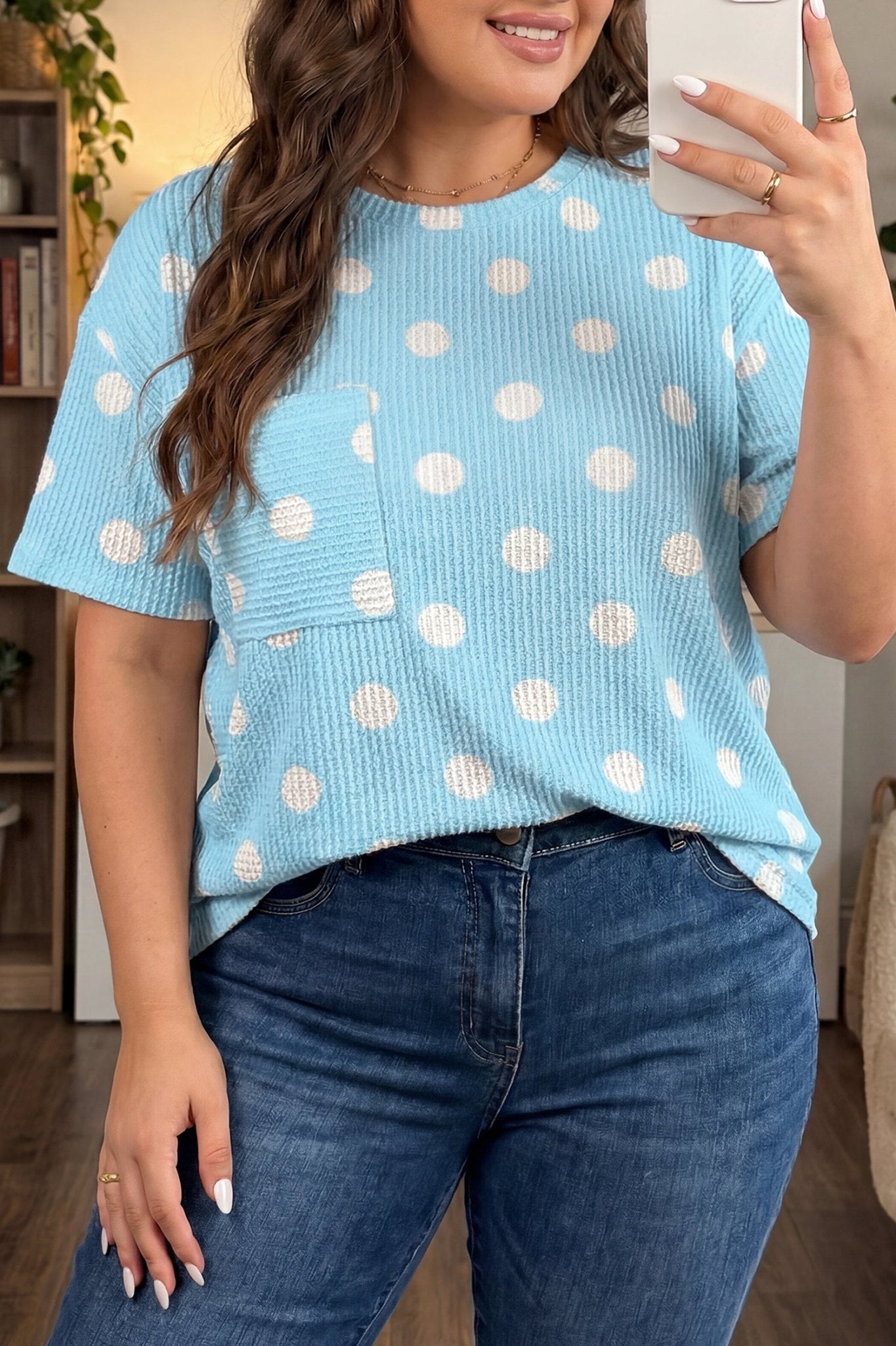 Sky Blue Twisted Rib Polka Dot Print Plus Size T Shirt - Loving It Shop