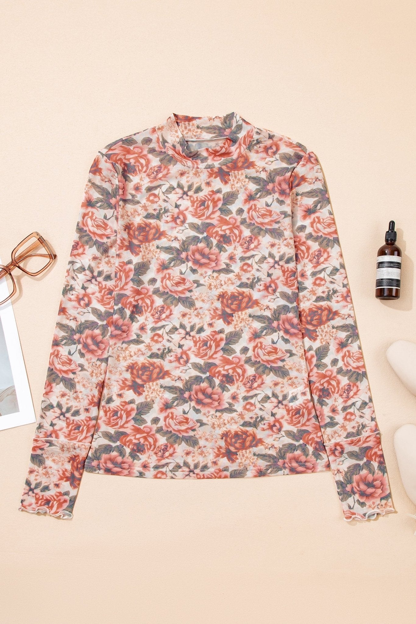 White Retro Floral Print Mock Neck Mesh Long Sleeve Top - Loving It Shop