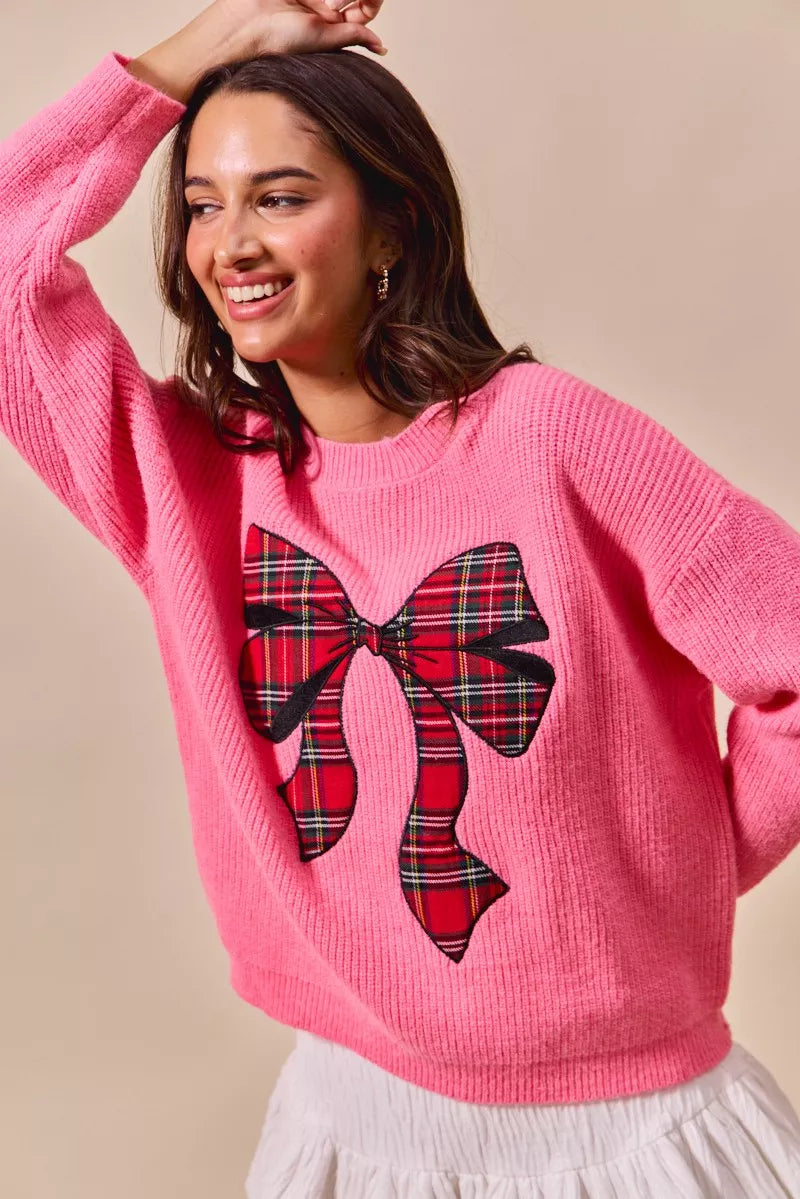 Checker Plaid Ribbon Christmas Holiday Sweater