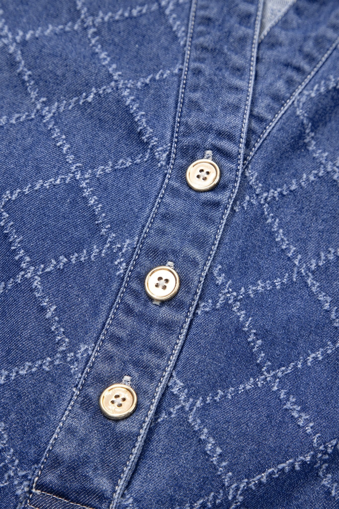 Sail Blue Rhombus Textured Collar Buttoned V Neck Denim Sleeveless Mini Dress - Loving It Shop