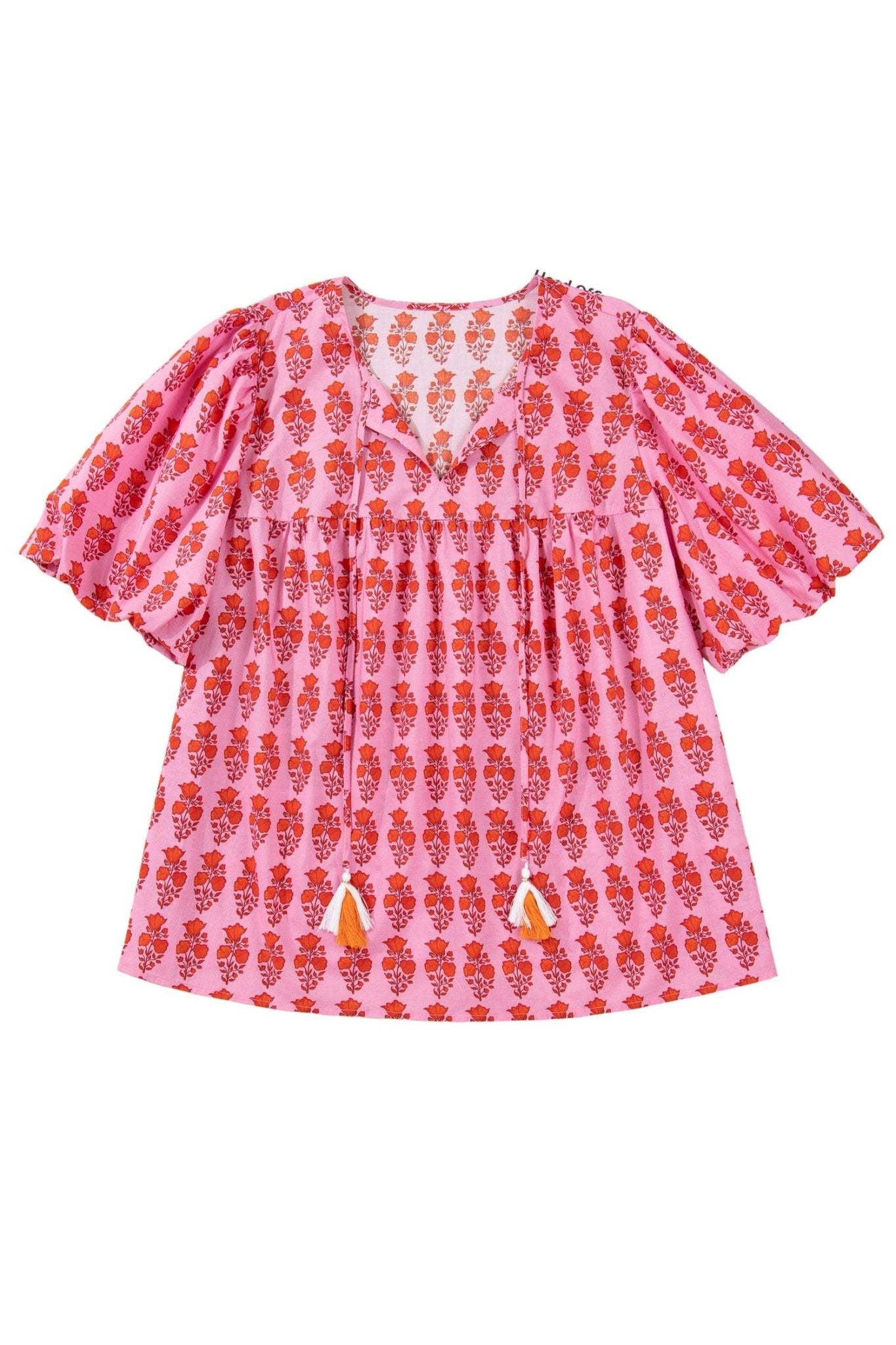 Pink Plus Size Floral Print Tassel Tie Puff Sleeve Cotton Blouse - Loving It Shop