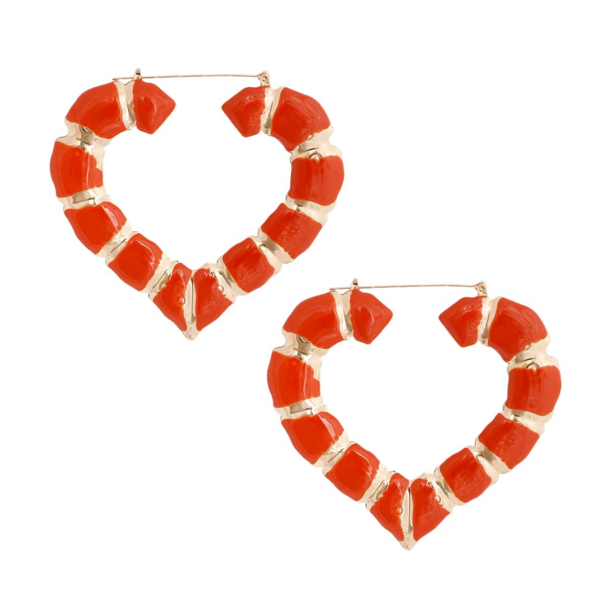 Statement Bamboo Hoop Earrings with Orange Heart Accent
