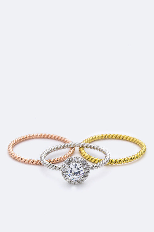 Statement Round CZ Triple Ring Set Stylish Fashion Jewelry