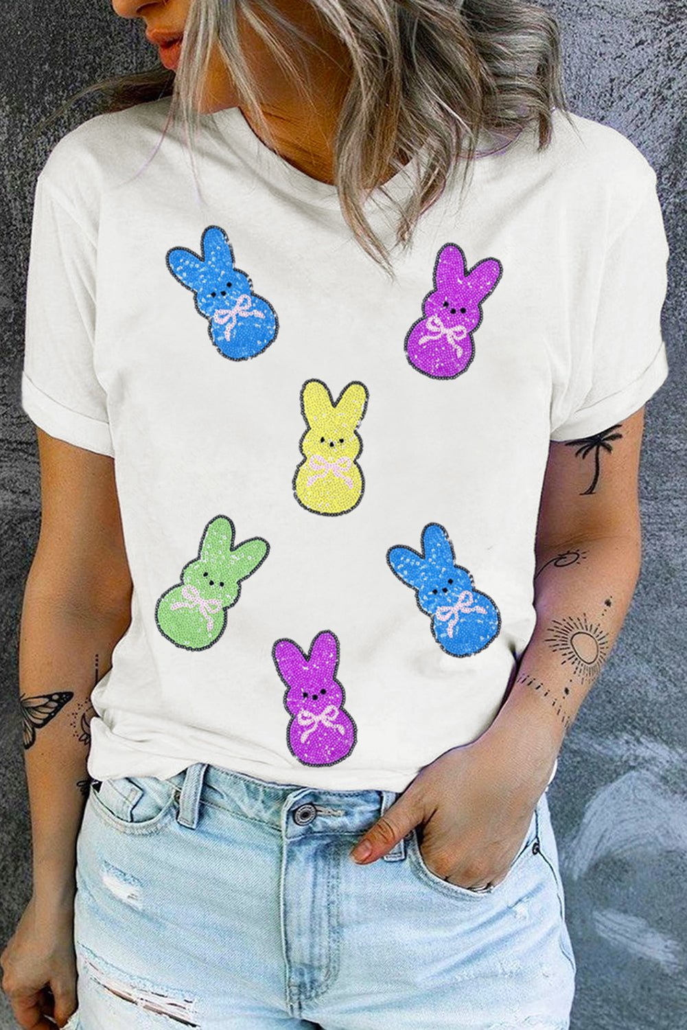 White Sequin Bow Bunny Doll Patched Easter Graphic Tee - Loving It Shop
