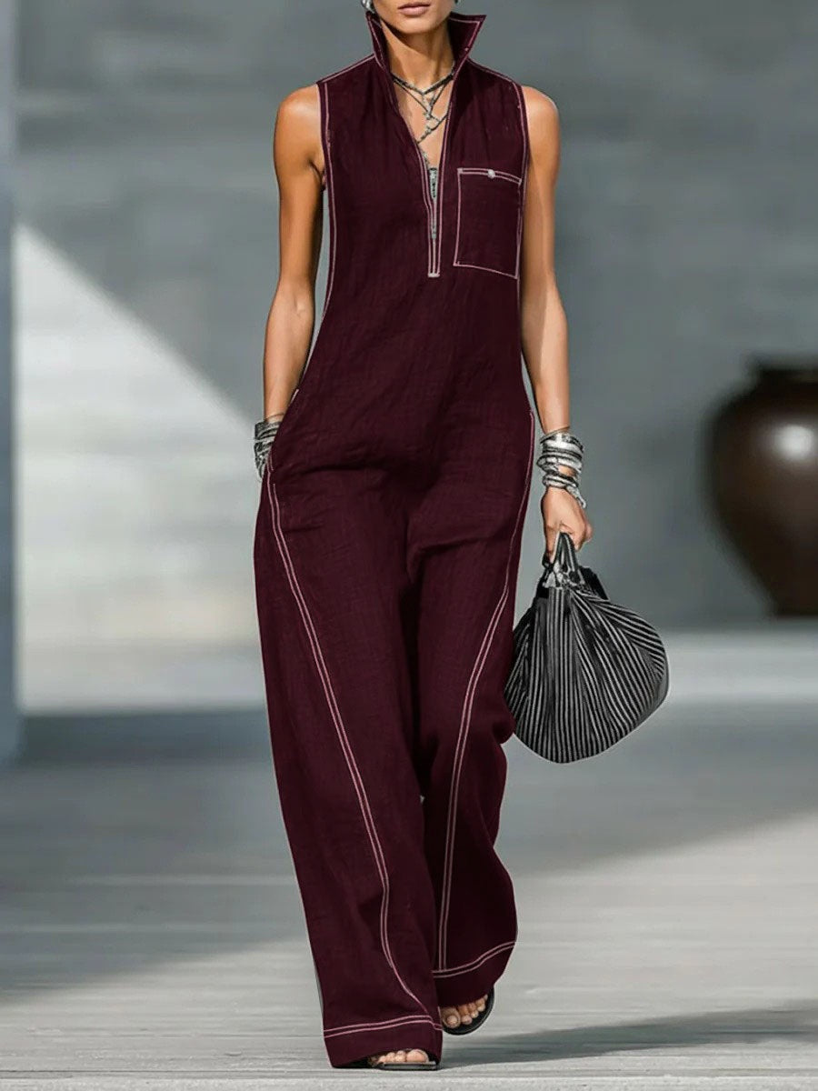 Stand-up Collar Jumpsuit With Pockets Summer Fashion Casual Sleeveless Jumpsuit Trousers Women&