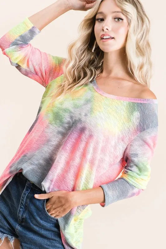 Tie Dye Print Low Gauge Knit Top