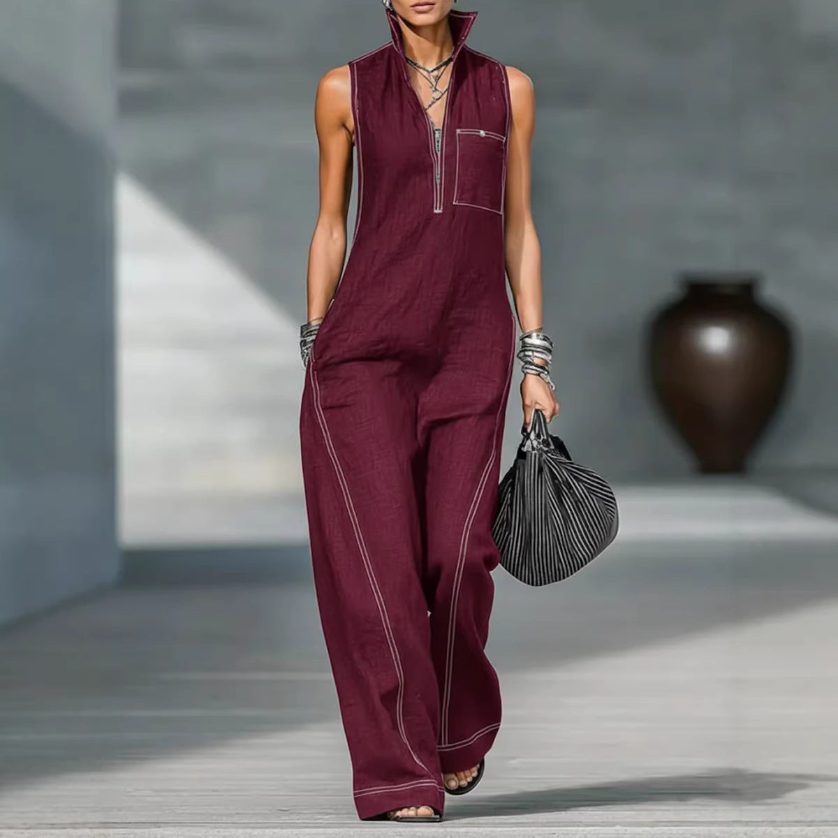 Stand-up Collar Jumpsuit With Pockets Summer Fashion Casual Sleeveless Jumpsuit Trousers Women&