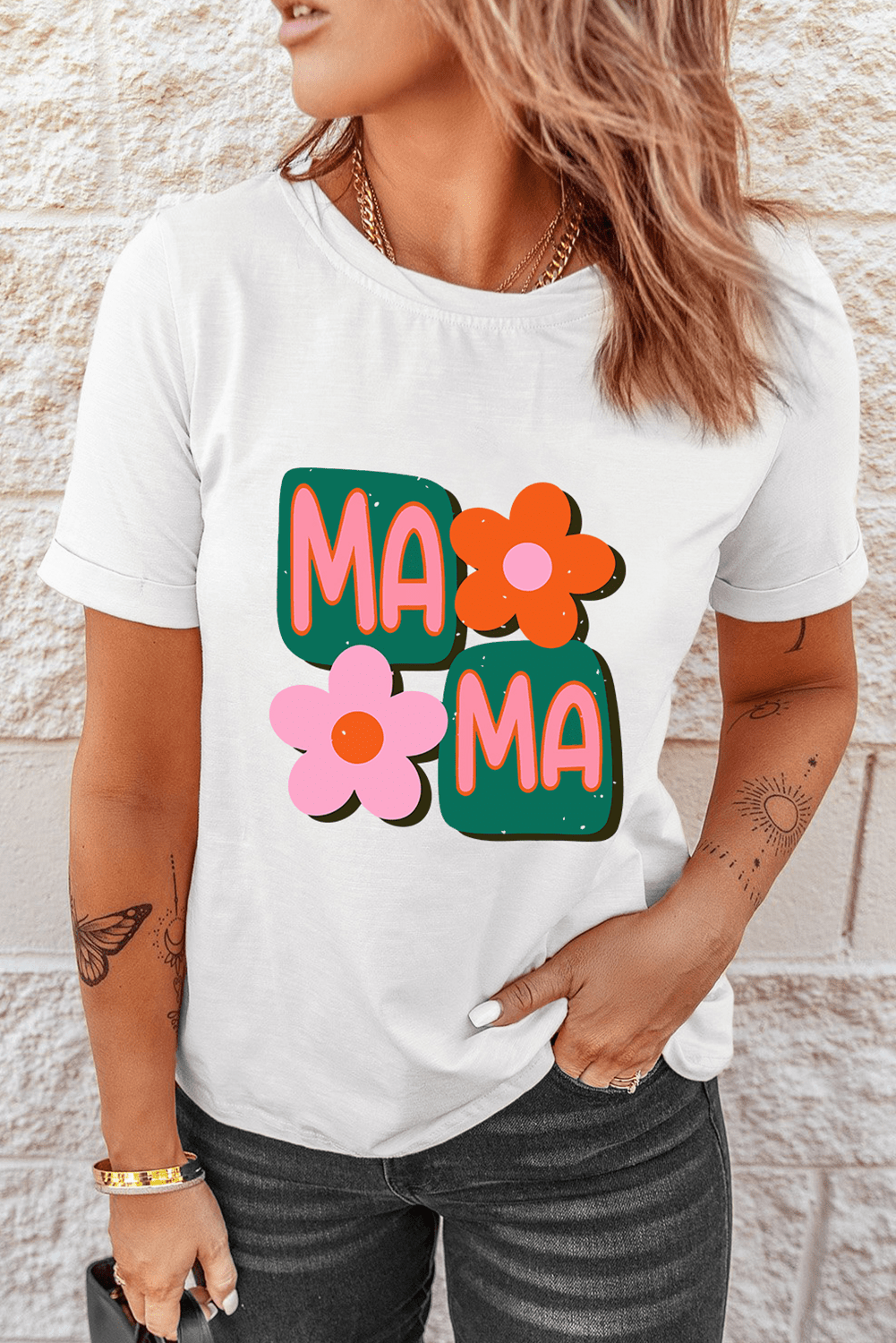 White MAMA Flower Graphic Crewneck Tee - Loving It Shop