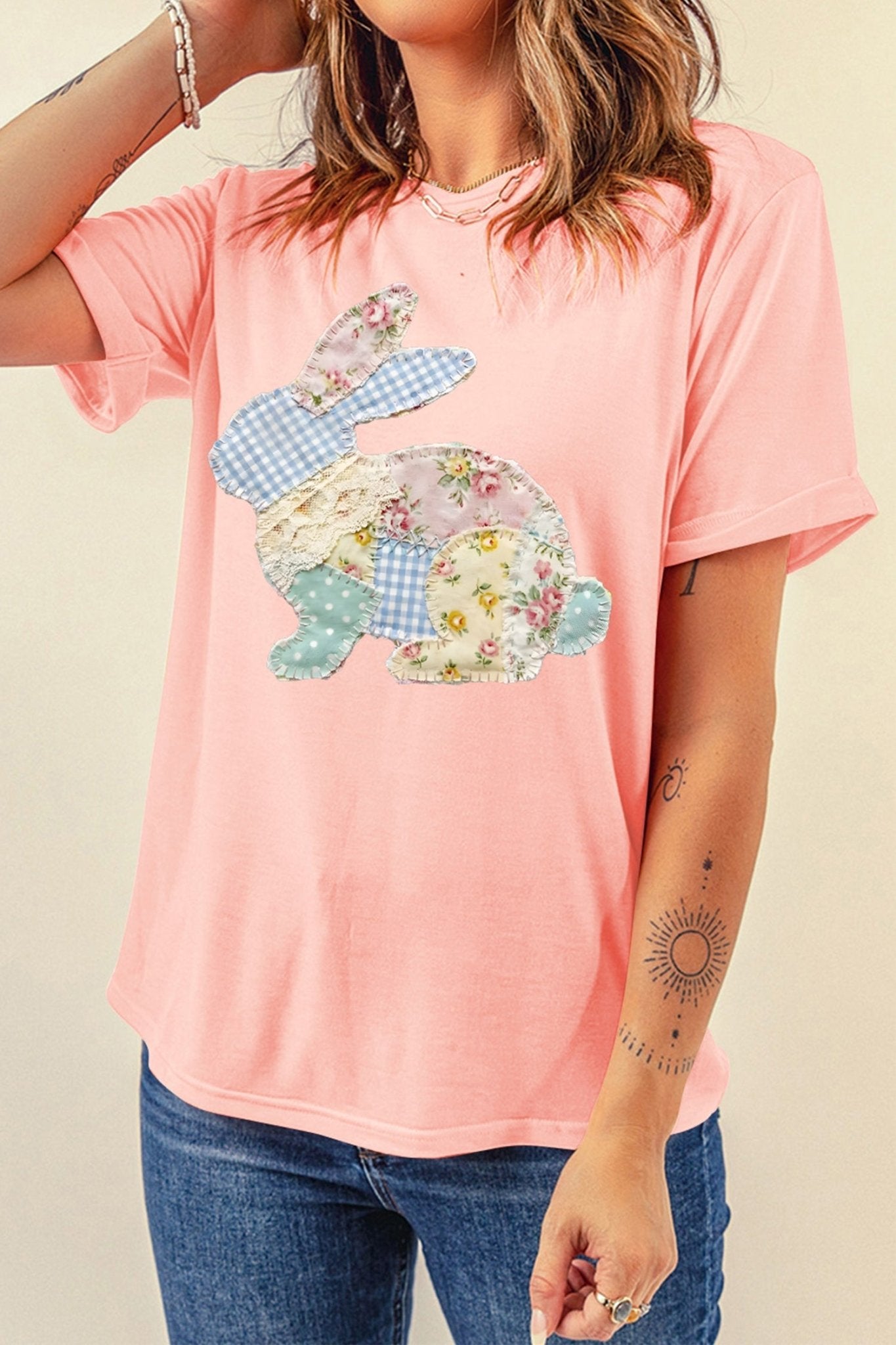 Pink Vibrant Easter Bunny Patchwork Printed T Shirt - Loving It Shop