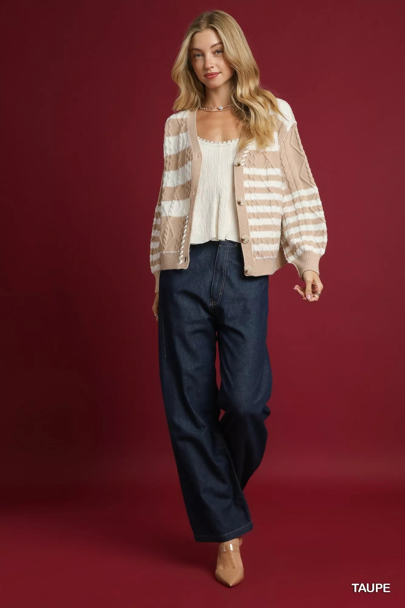Cable-Knit Stripe Button-Up Cardigan