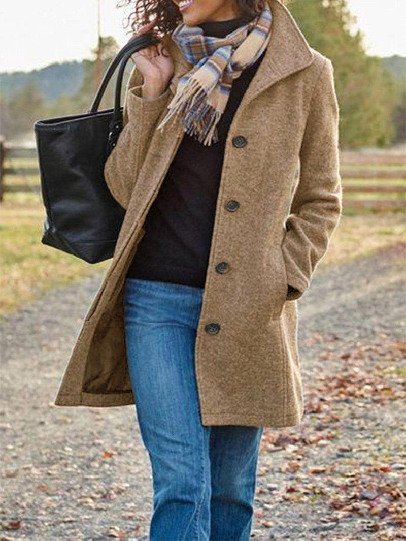 Winter Single-breasted Lapel Coat Fashion Commuter Slim Mid-length Jacket Women&